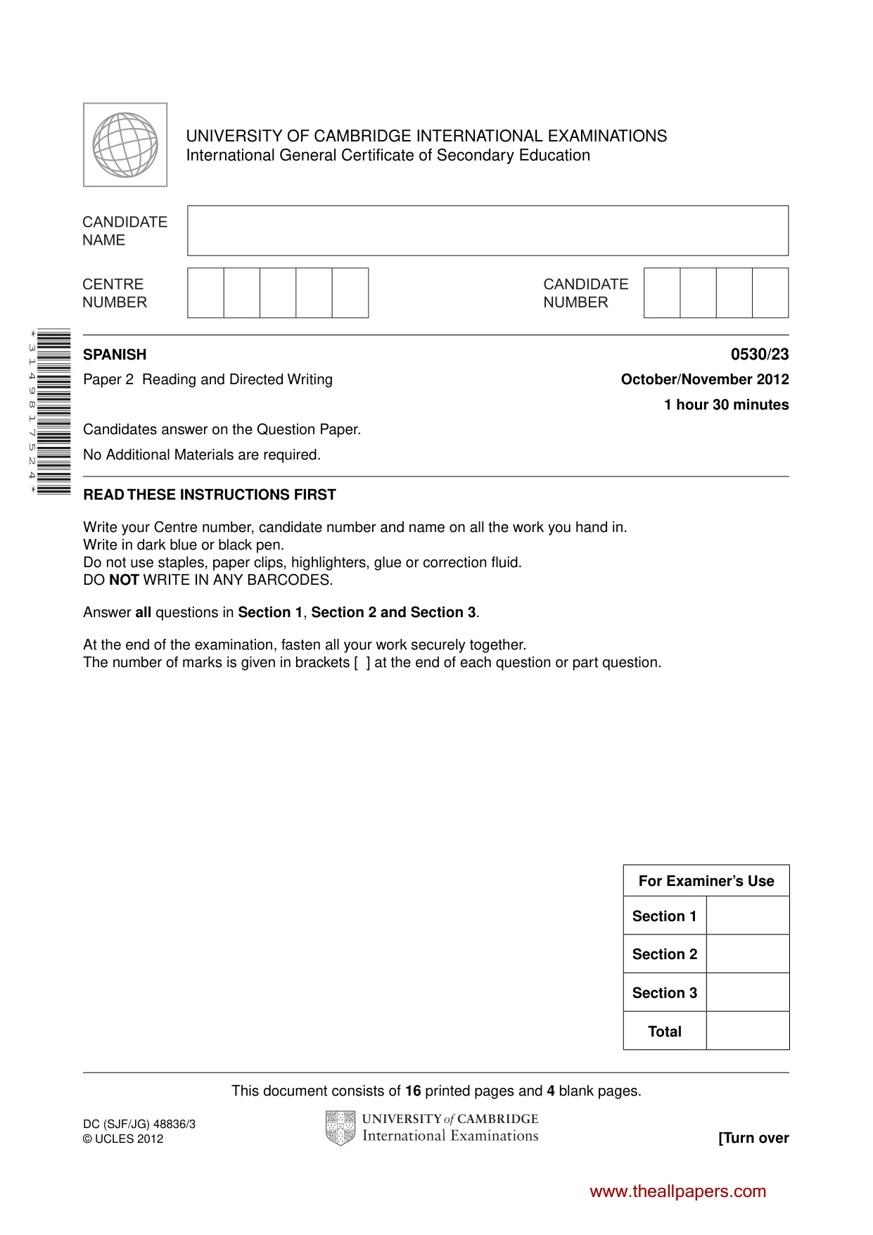 Cambridge IGCSE Spanish - Foreign Language 0530 2012 Oct/Nov Paper 2 · Variant 3 question paper, page 1 of 20