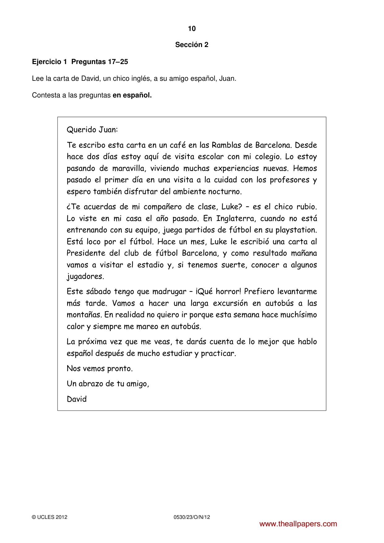 Cambridge IGCSE Spanish - Foreign Language 0530 2012 Oct/Nov Paper 2 · Variant 3 question paper, page 10 of 20