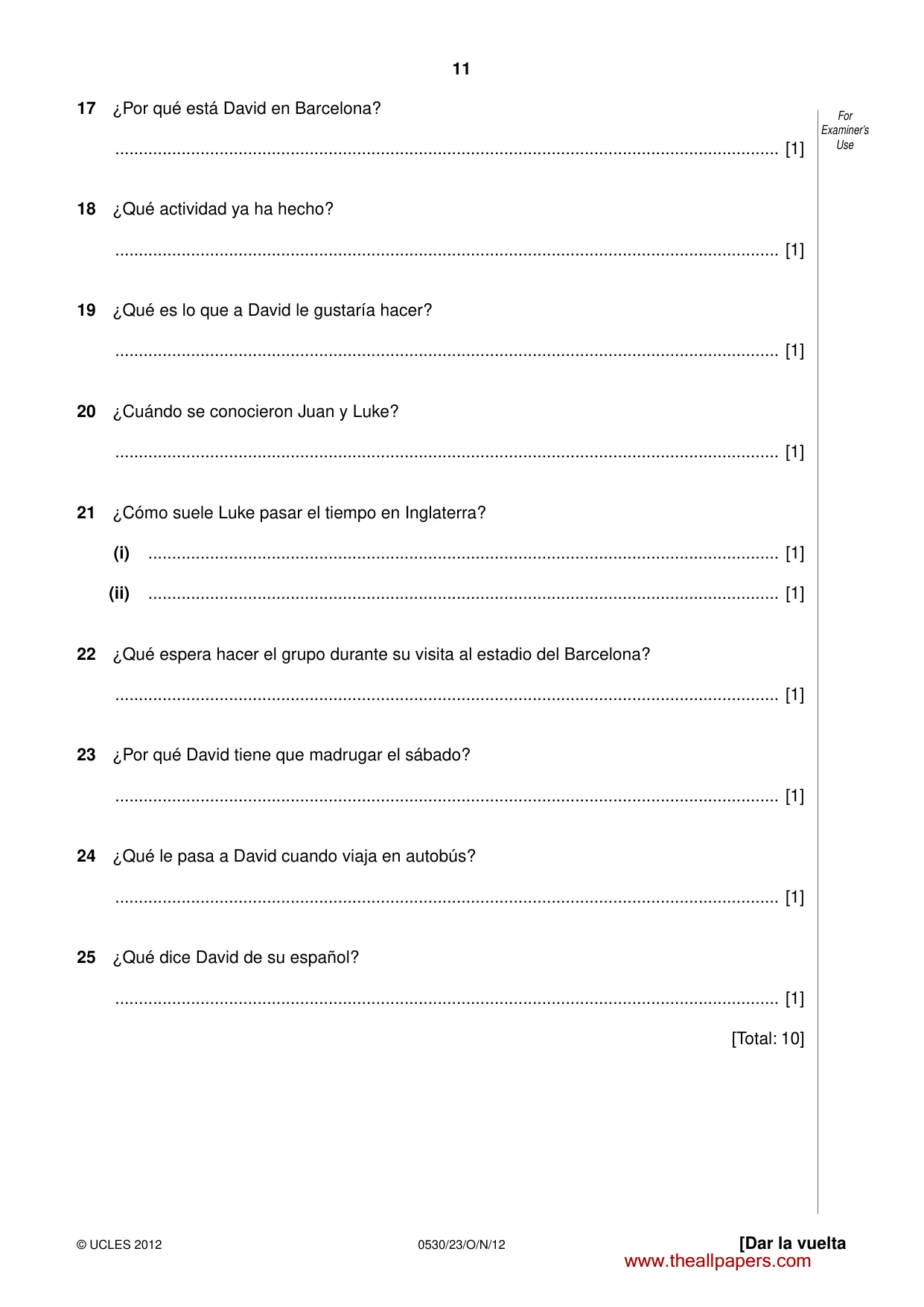 Cambridge IGCSE Spanish - Foreign Language 0530 2012 Oct/Nov Paper 2 · Variant 3 question paper, page 11 of 20