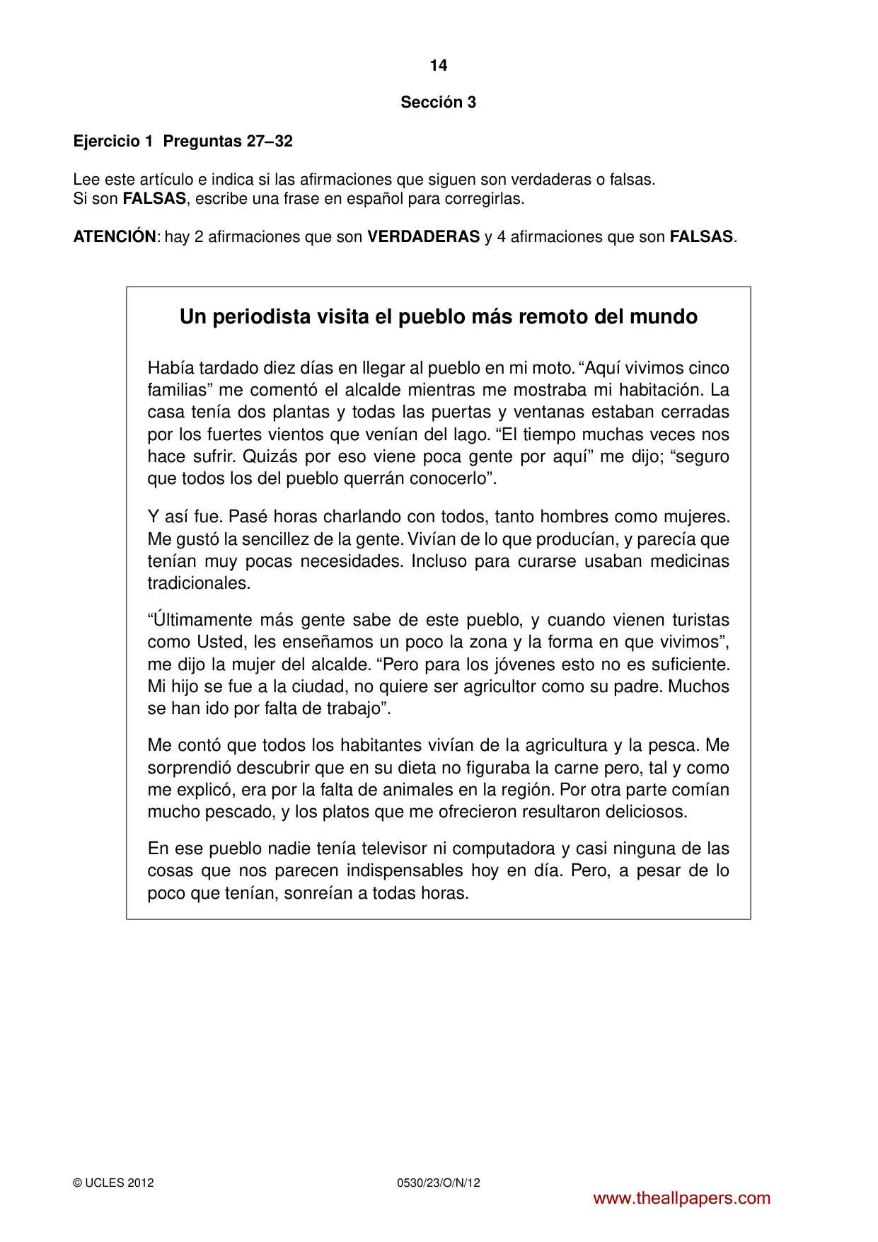 Cambridge IGCSE Spanish - Foreign Language 0530 2012 Oct/Nov Paper 2 · Variant 3 question paper, page 14 of 20