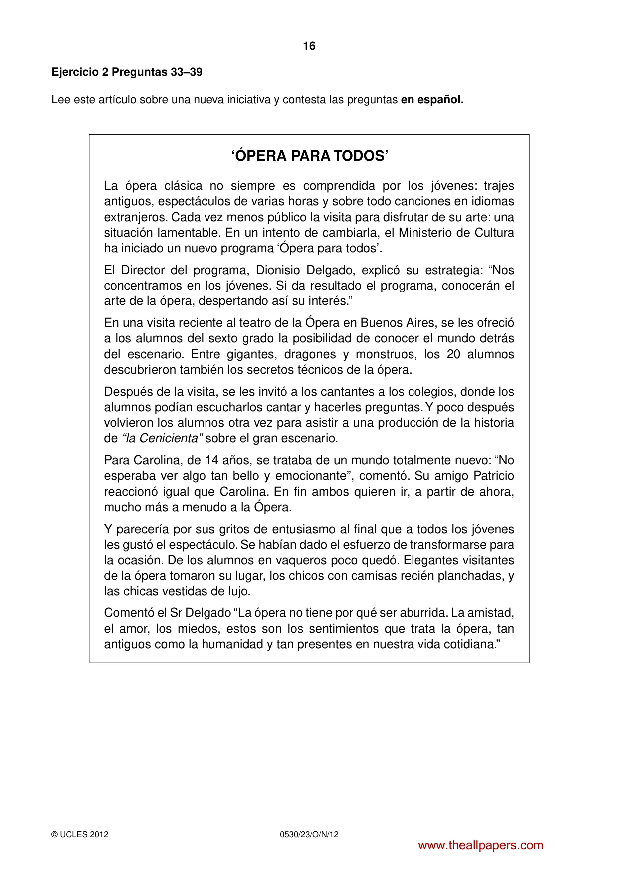 Cambridge IGCSE Spanish - Foreign Language 0530 2012 Oct/Nov Paper 2 · Variant 3 question paper, page 16 of 20