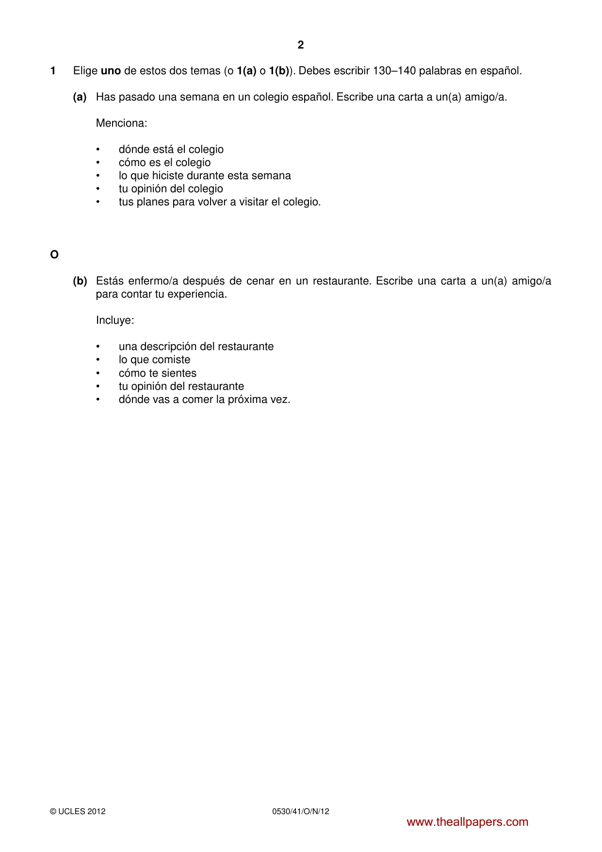Cambridge IGCSE Spanish - Foreign Language 0530 2012 Oct/Nov Paper 4 · Variant 1 question paper, page 2 of 4