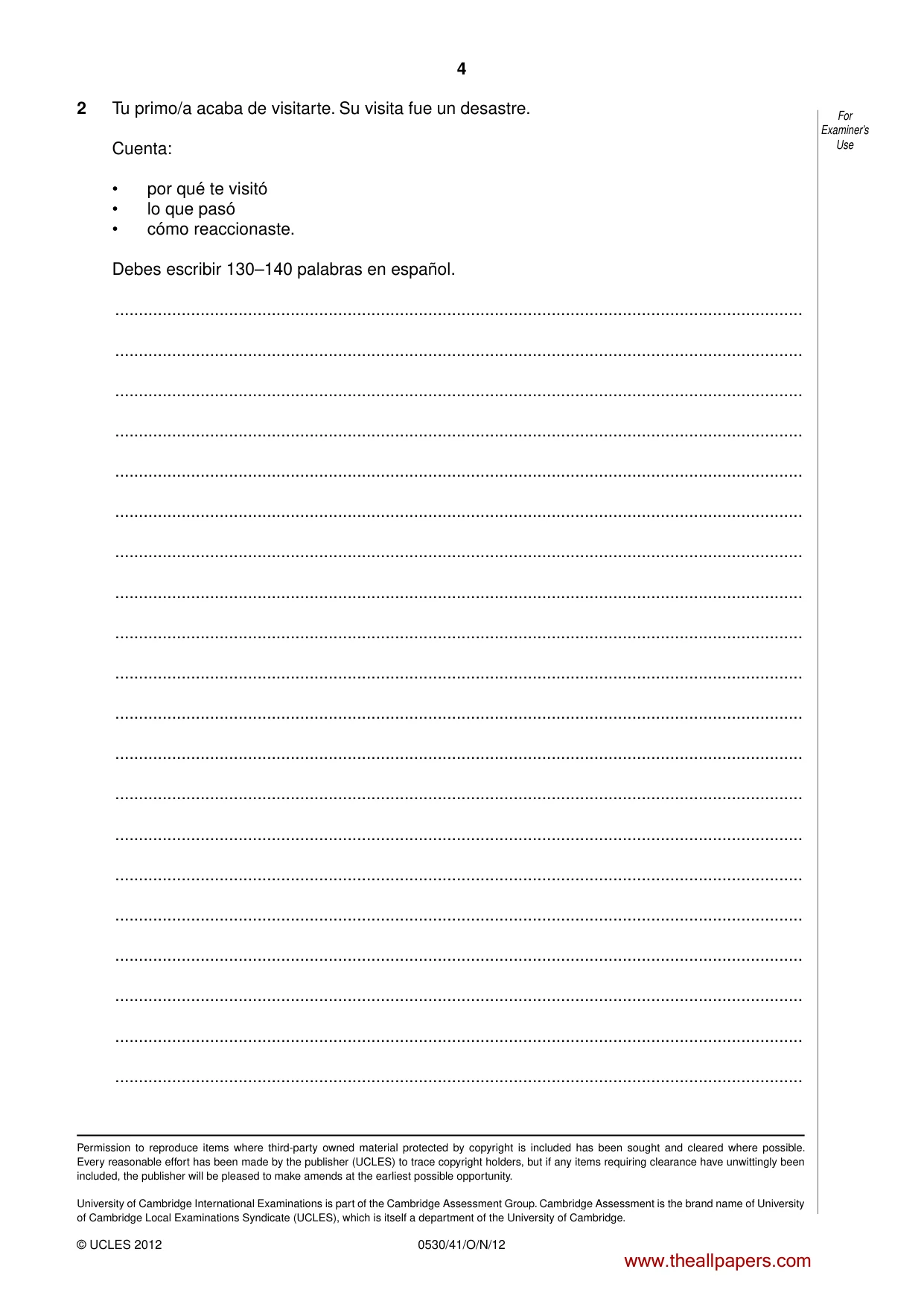 Cambridge IGCSE Spanish - Foreign Language 0530 2012 Oct/Nov Paper 4 · Variant 1 question paper, page 4 of 4