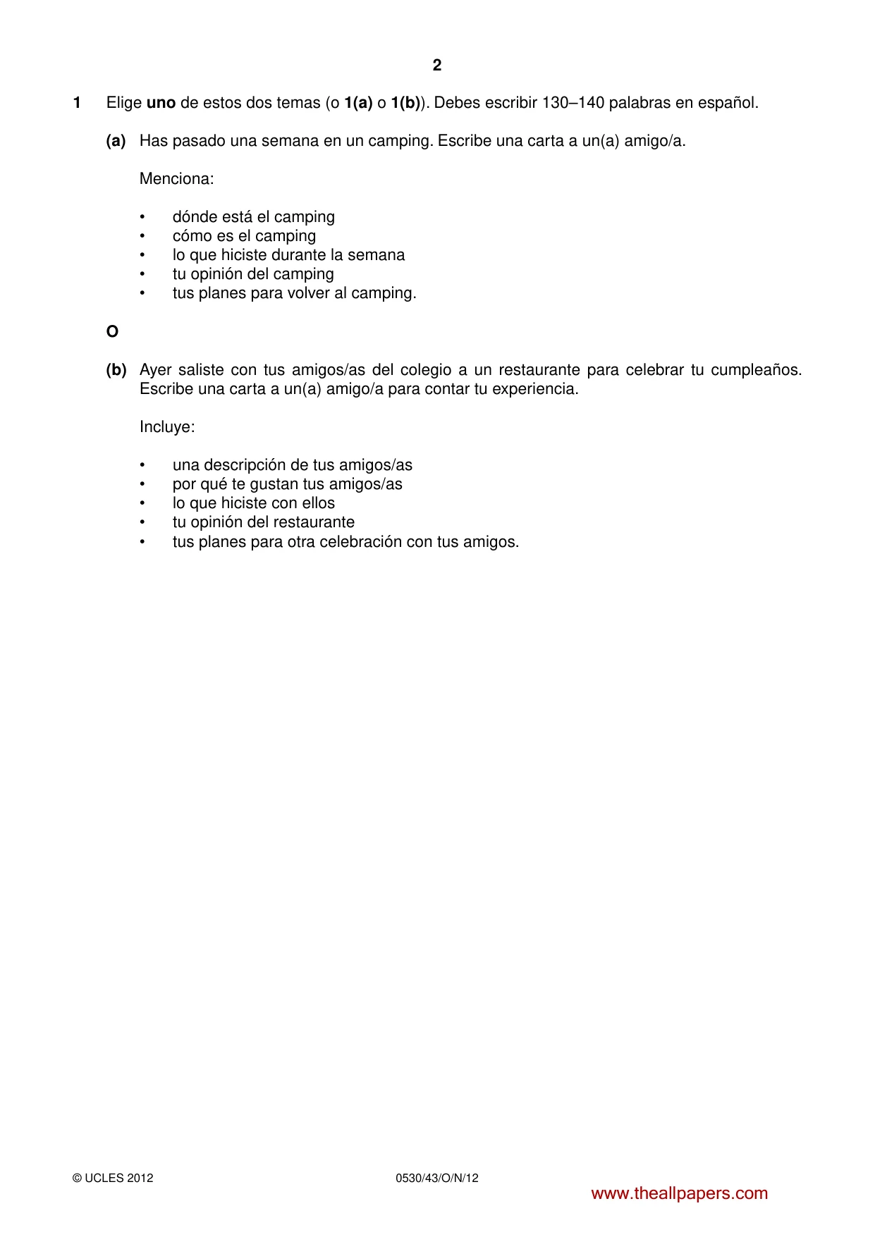 Cambridge IGCSE Spanish - Foreign Language 0530 2012 Oct/Nov Paper 4 · Variant 3 question paper, page 2 of 4