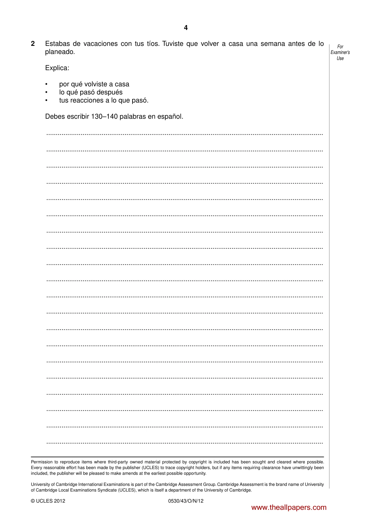 Cambridge IGCSE Spanish - Foreign Language 0530 2012 Oct/Nov Paper 4 · Variant 3 question paper, page 4 of 4
