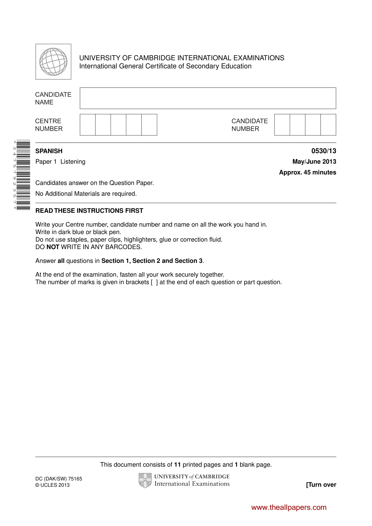 Cambridge IGCSE Spanish - Foreign Language 0530 2013 May/June Paper 1 · Variant 3 question paper, page 1 of 12