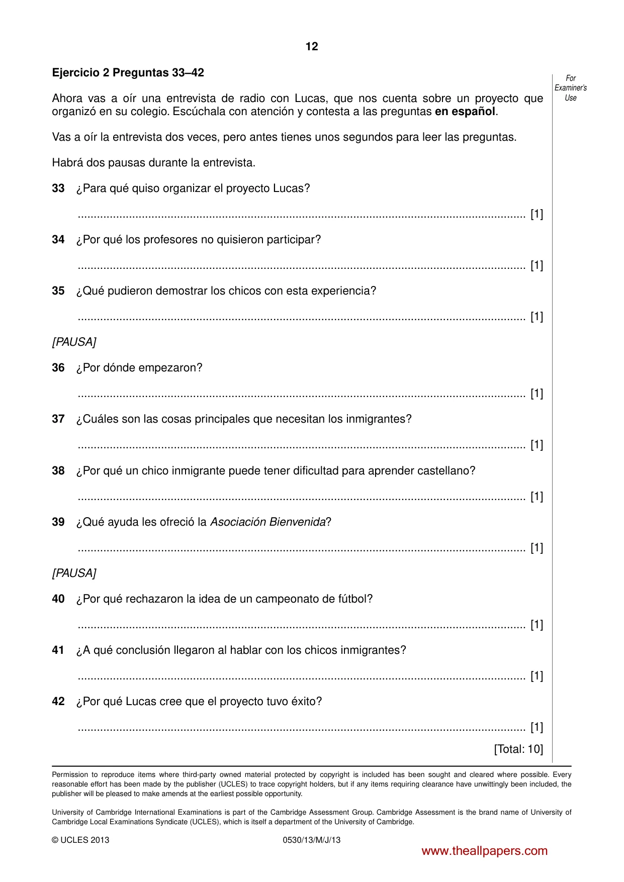 Cambridge IGCSE Spanish - Foreign Language 0530 2013 May/June Paper 1 · Variant 3 question paper, page 12 of 12