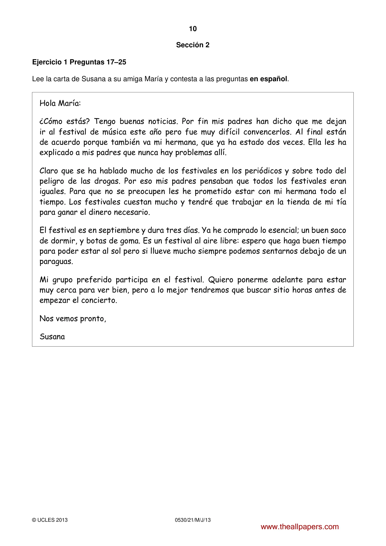 Cambridge IGCSE Spanish - Foreign Language 0530 2013 May/June Paper 2 · Variant 1 question paper, page 10 of 20