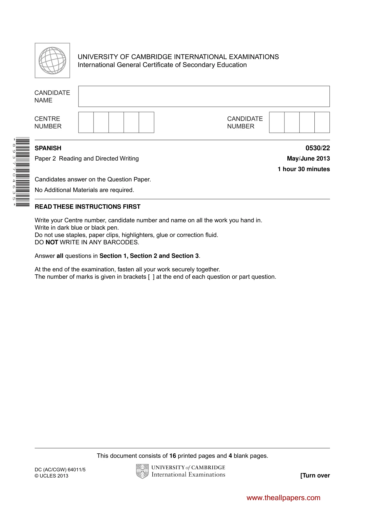 Cambridge IGCSE Spanish - Foreign Language 0530 2013 May/June Paper 2 · Variant 2 question paper, page 1 of 20