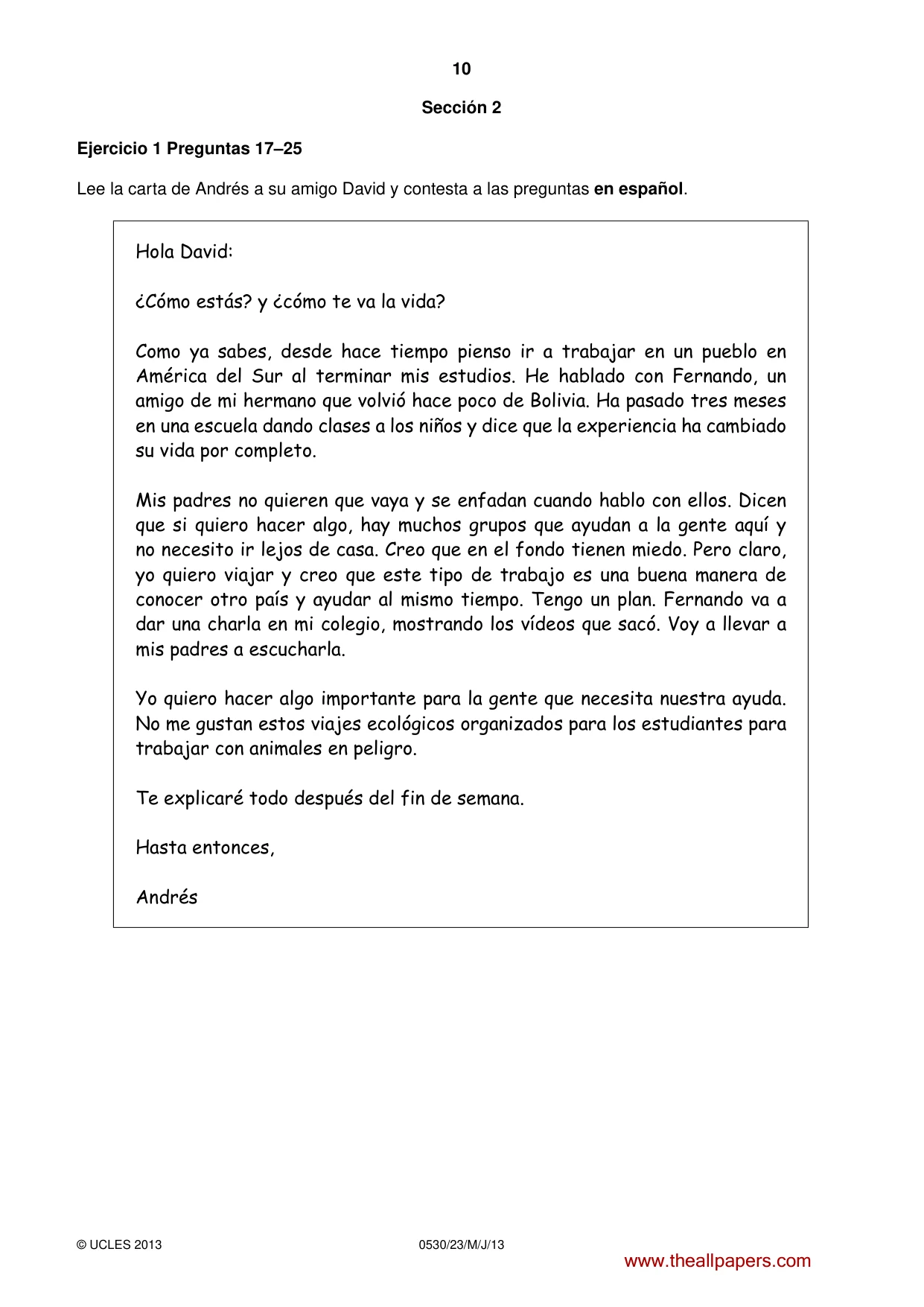 Cambridge IGCSE Spanish - Foreign Language 0530 2013 May/June Paper 2 · Variant 3 question paper, page 10 of 20