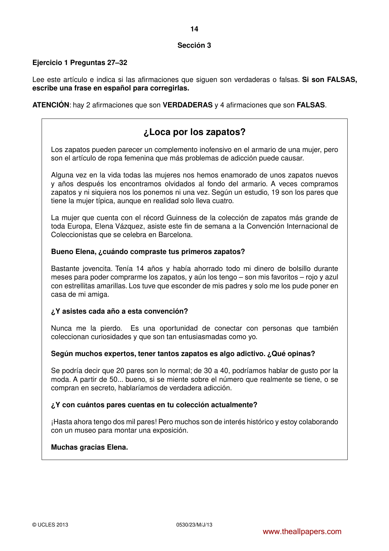 Cambridge IGCSE Spanish - Foreign Language 0530 2013 May/June Paper 2 · Variant 3 question paper, page 14 of 20