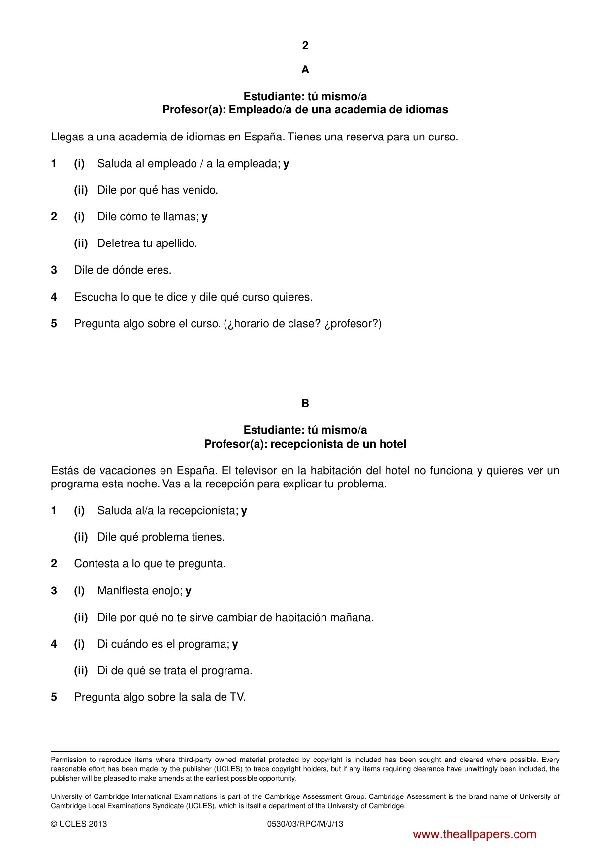 Cambridge IGCSE Spanish - Foreign Language 0530 2013 May/June Paper 3 · Variant 1 question paper, page 2 of 18