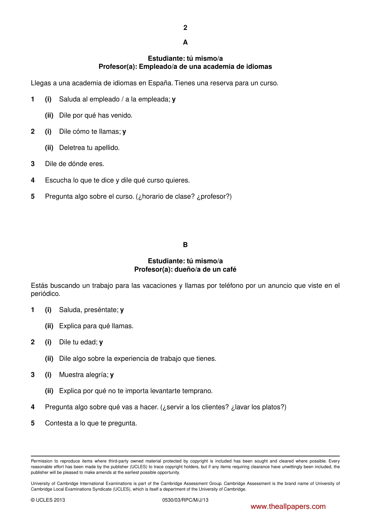 Cambridge IGCSE Spanish - Foreign Language 0530 2013 May/June Paper 3 · Variant 1 question paper, page 6 of 18