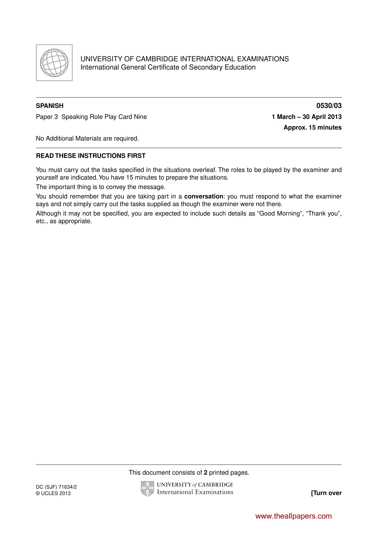 Cambridge IGCSE Spanish - Foreign Language 0530 2013 May/June Paper 3 · Variant 1 question paper, page 17 of 18