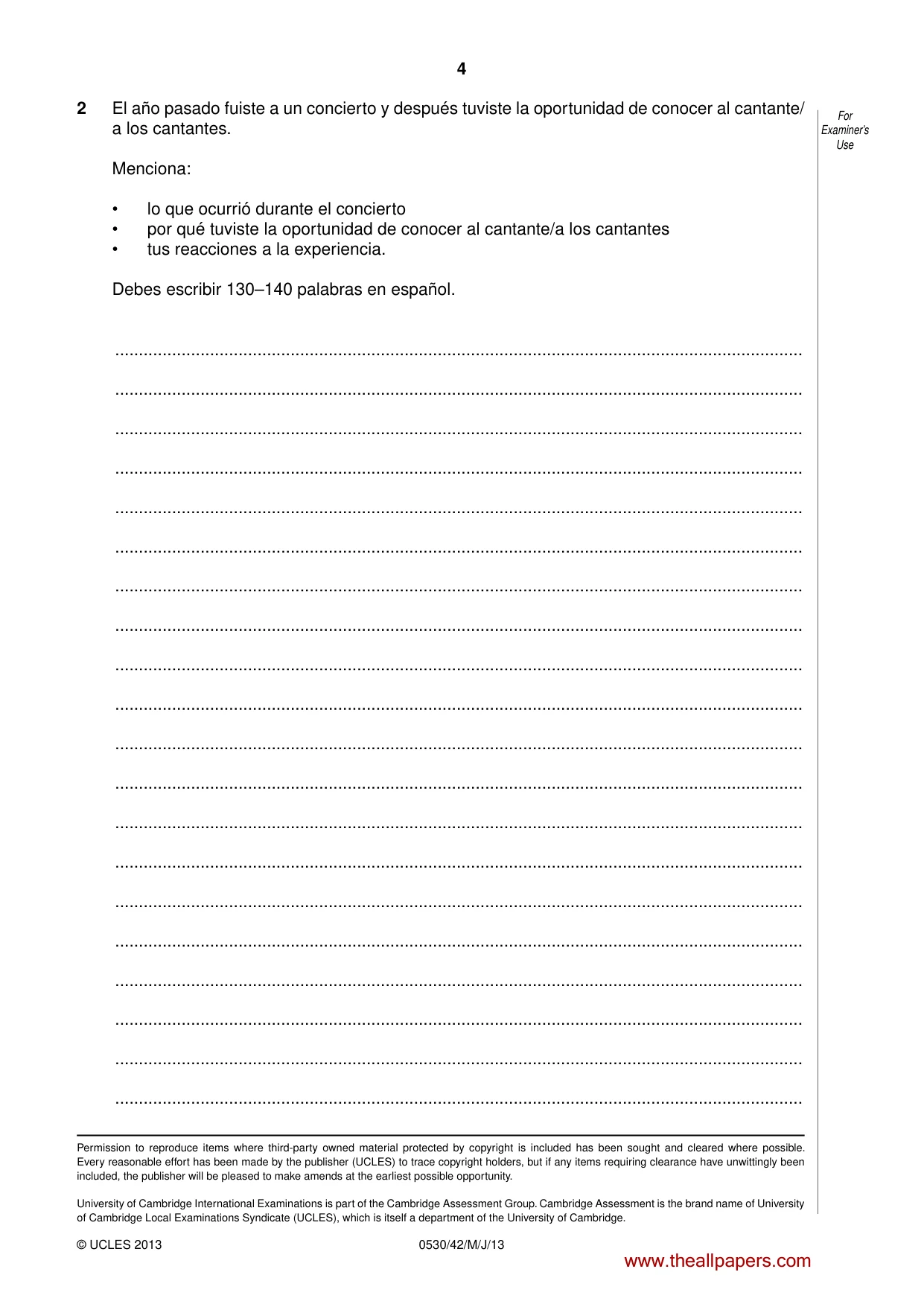 Cambridge IGCSE Spanish - Foreign Language 0530 2013 May/June Paper 4 · Variant 2 question paper, page 4 of 4