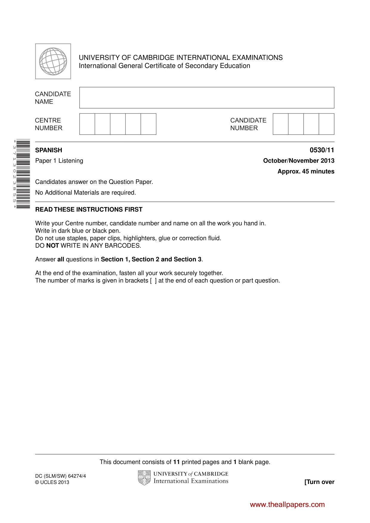 Cambridge IGCSE Spanish - Foreign Language 0530 2013 Oct/Nov Paper 1 · Variant 1 question paper, page 1 of 12