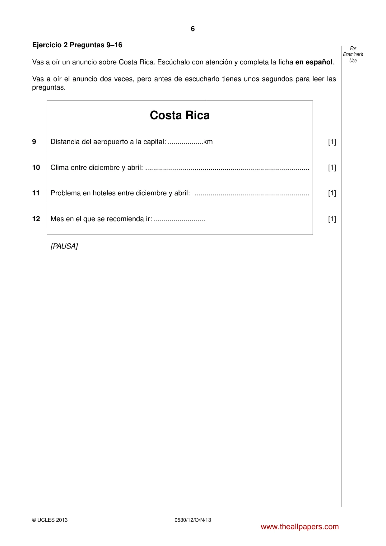Cambridge IGCSE Spanish - Foreign Language 0530 2013 Oct/Nov Paper 1 · Variant 2 question paper, page 6 of 12