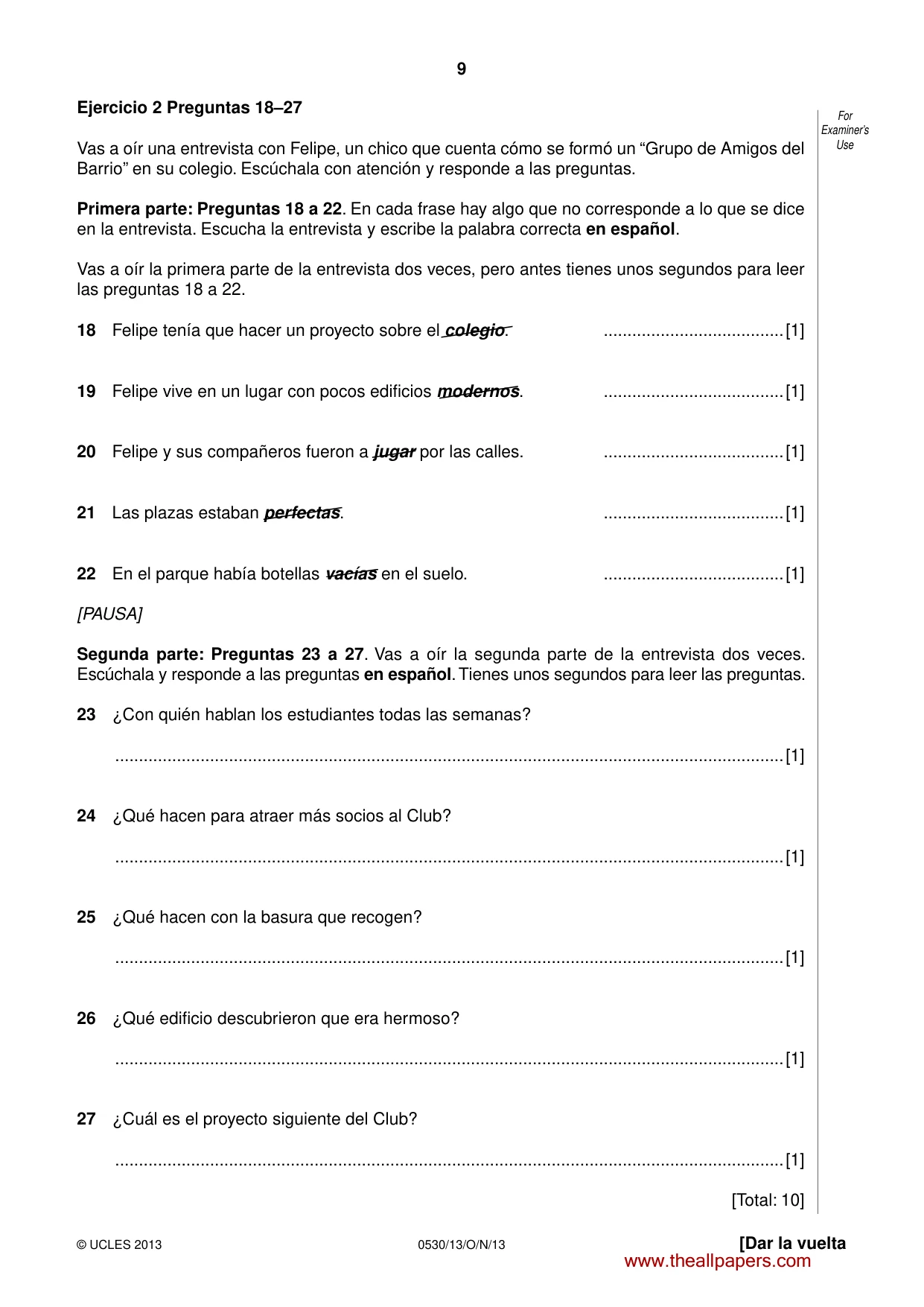 Cambridge IGCSE Spanish - Foreign Language 0530 2013 Oct/Nov Paper 1 · Variant 3 question paper, page 9 of 12