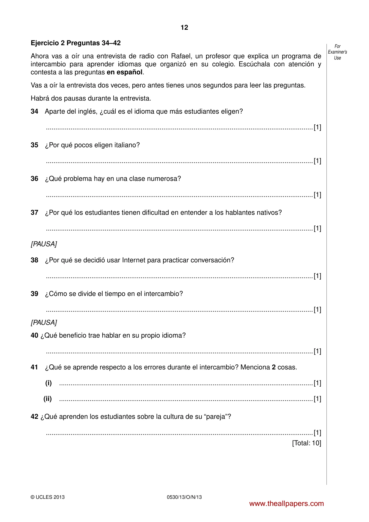 Cambridge IGCSE Spanish - Foreign Language 0530 2013 Oct/Nov Paper 1 · Variant 3 question paper, page 12 of 12