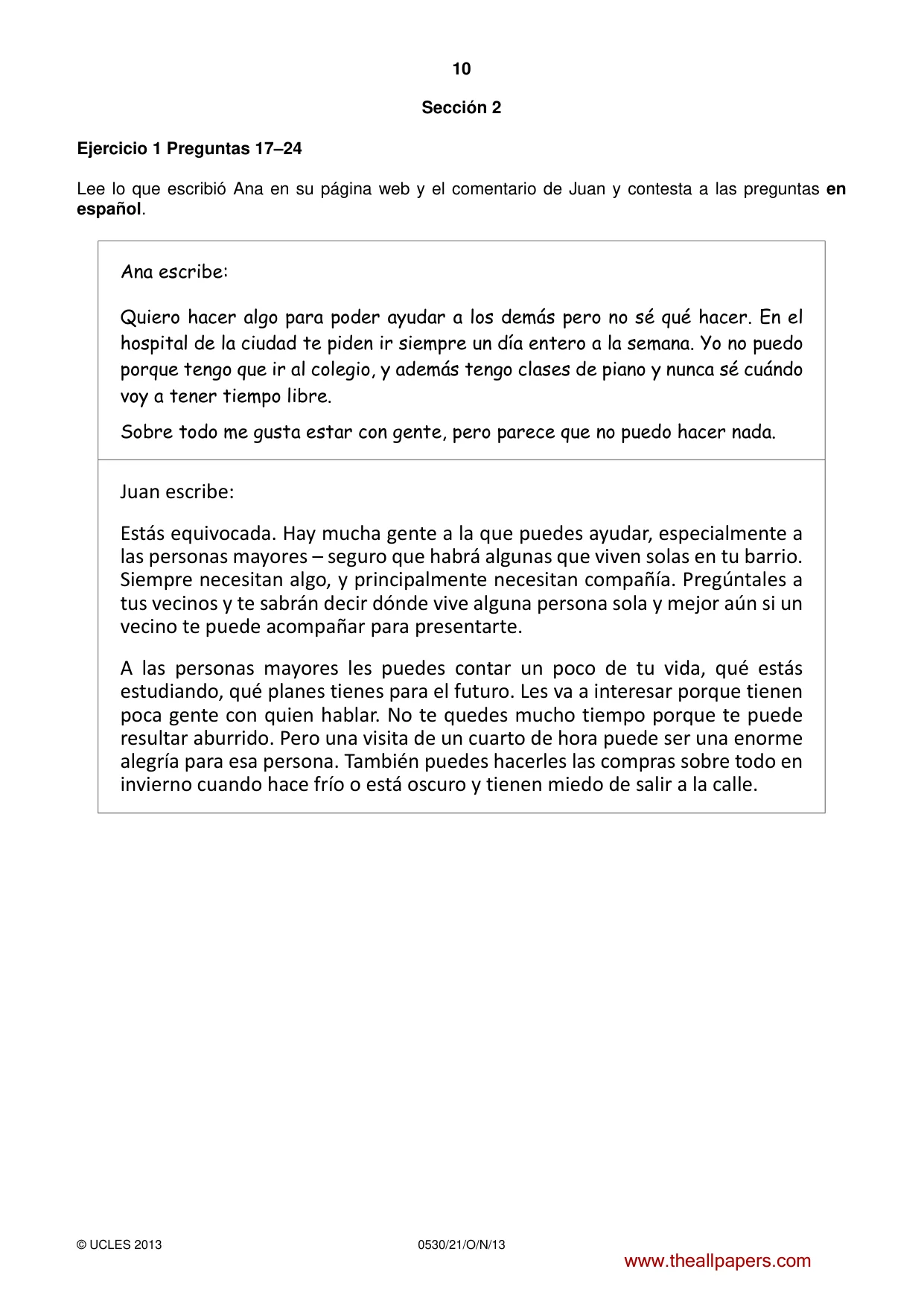Cambridge IGCSE Spanish - Foreign Language 0530 2013 Oct/Nov Paper 2 · Variant 1 question paper, page 10 of 20