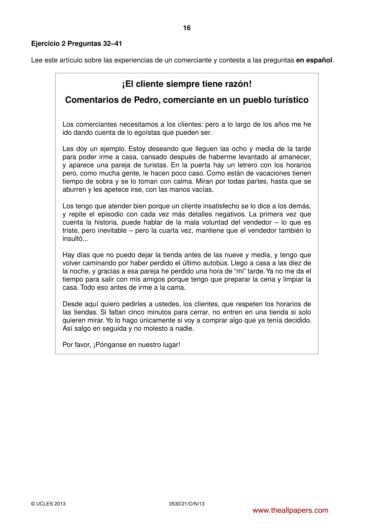 Cambridge IGCSE Spanish - Foreign Language 0530 2013 Oct/Nov Paper 2 · Variant 1 question paper, page 16 of 20
