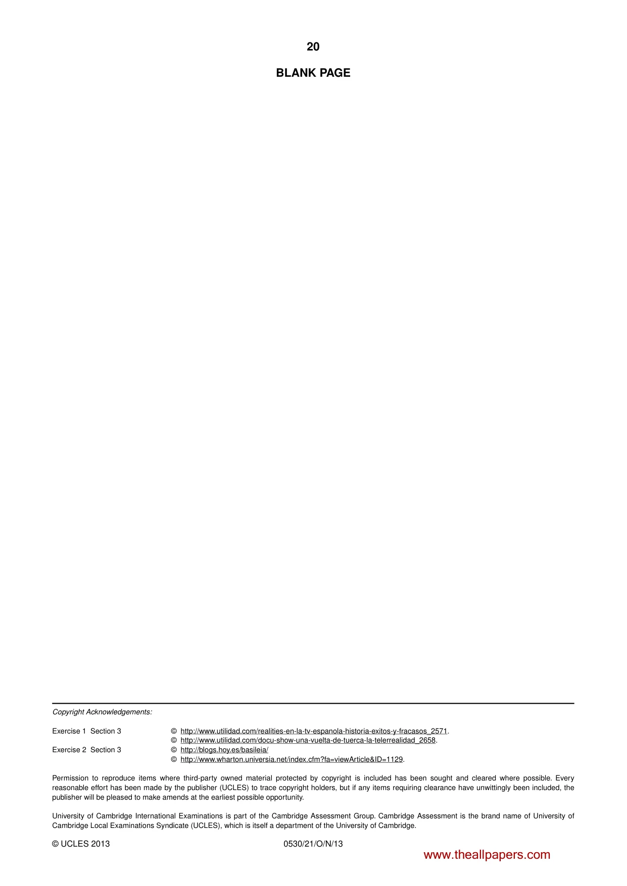 Cambridge IGCSE Spanish - Foreign Language 0530 2013 Oct/Nov Paper 2 · Variant 1 question paper, page 20 of 20