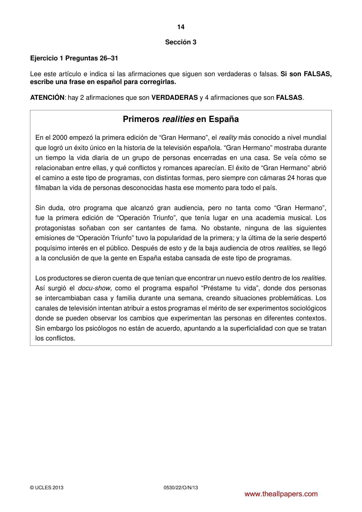 Cambridge IGCSE Spanish - Foreign Language 0530 2013 Oct/Nov Paper 2 · Variant 2 question paper, page 14 of 20