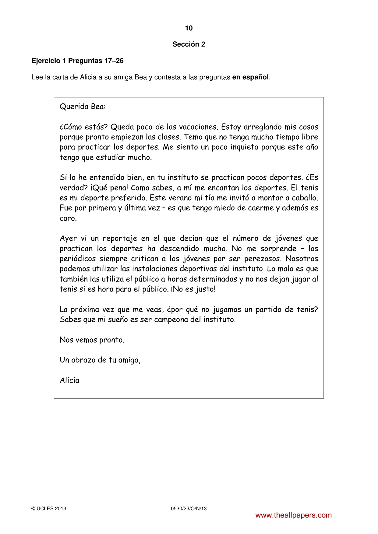 Cambridge IGCSE Spanish - Foreign Language 0530 2013 Oct/Nov Paper 2 · Variant 3 question paper, page 10 of 20