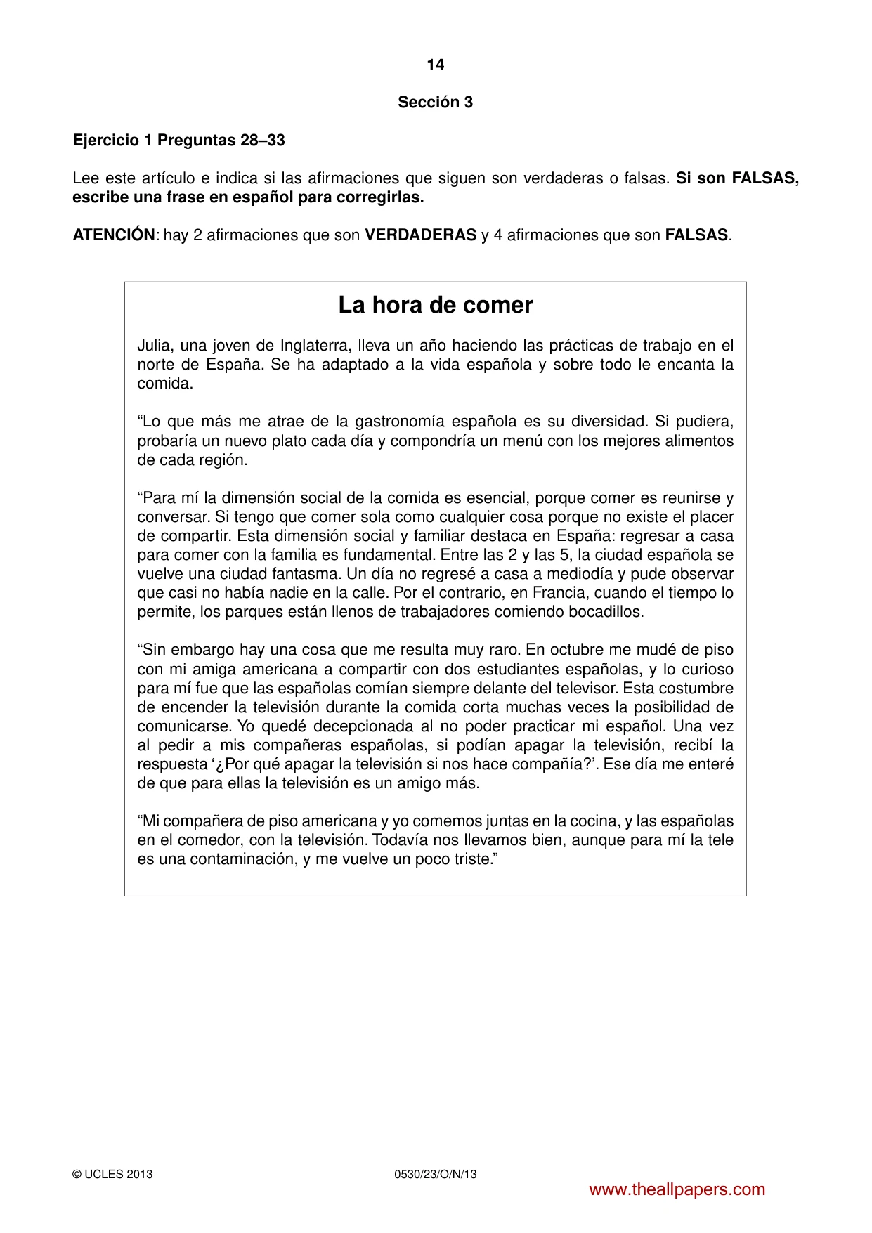 Cambridge IGCSE Spanish - Foreign Language 0530 2013 Oct/Nov Paper 2 · Variant 3 question paper, page 14 of 20