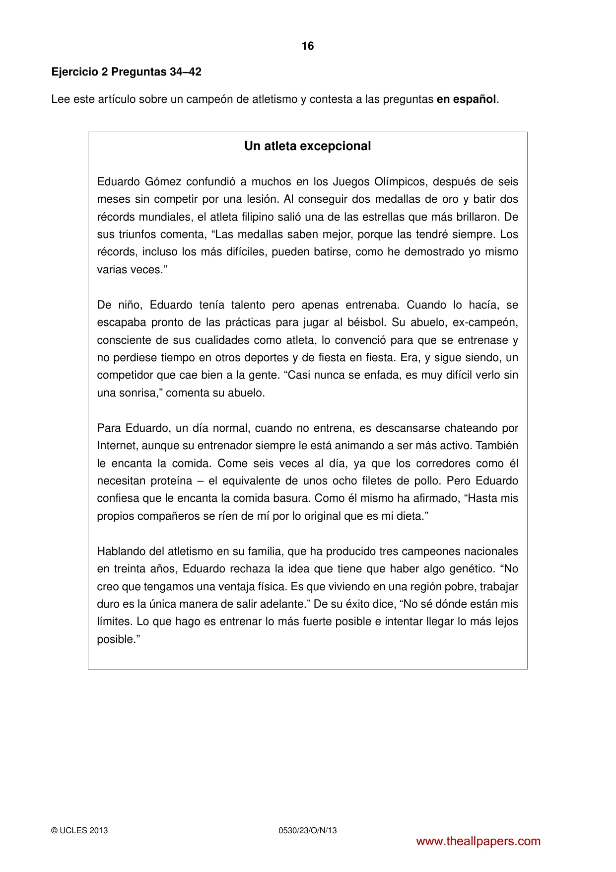 Cambridge IGCSE Spanish - Foreign Language 0530 2013 Oct/Nov Paper 2 · Variant 3 question paper, page 16 of 20