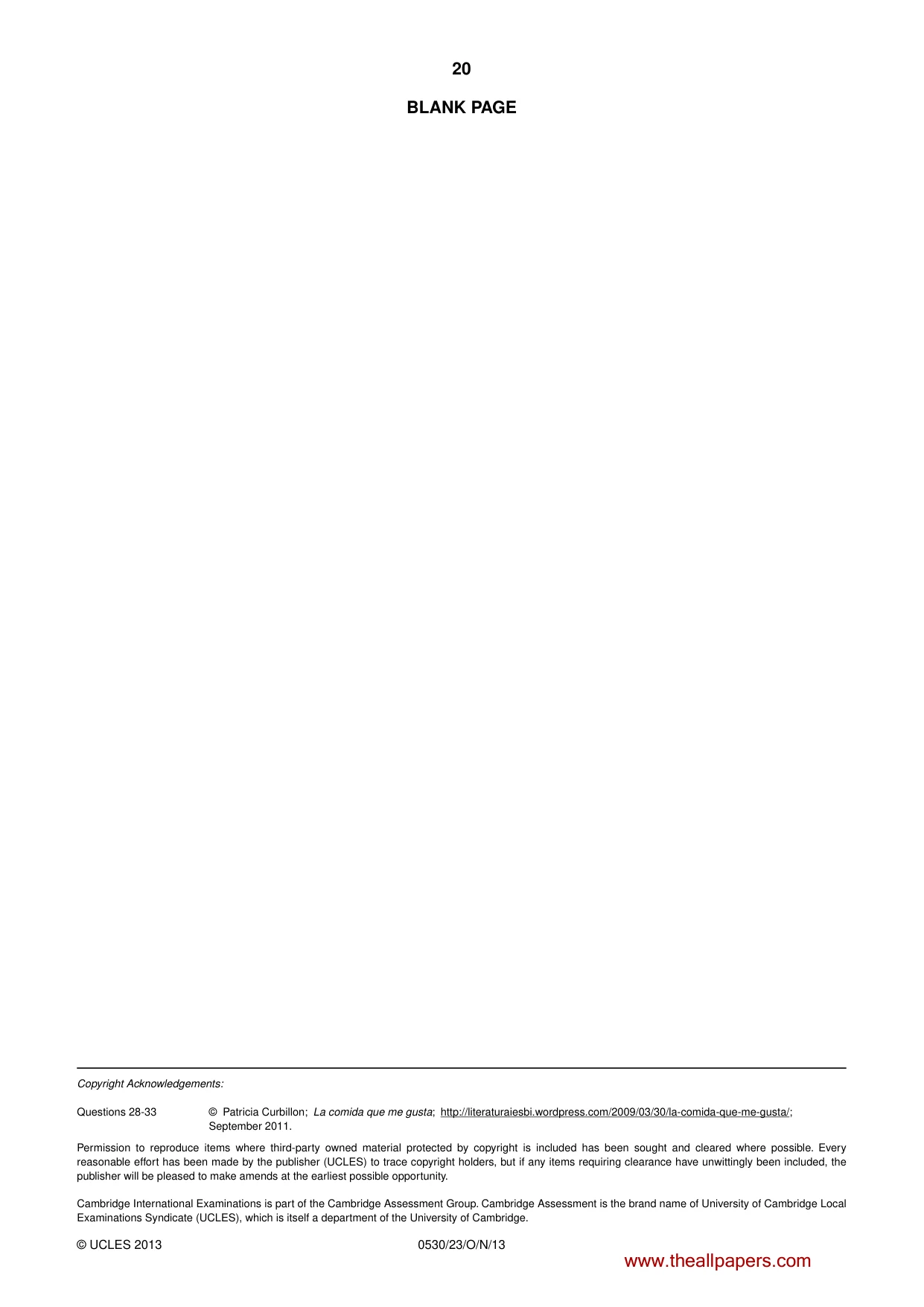 Cambridge IGCSE Spanish - Foreign Language 0530 2013 Oct/Nov Paper 2 · Variant 3 question paper, page 20 of 20