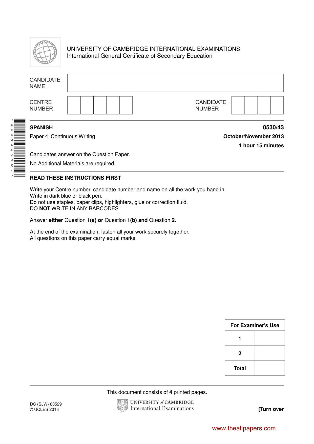 Cambridge IGCSE Spanish - Foreign Language 0530 2013 Oct/Nov Paper 4 · Variant 3 question paper, page 1 of 4