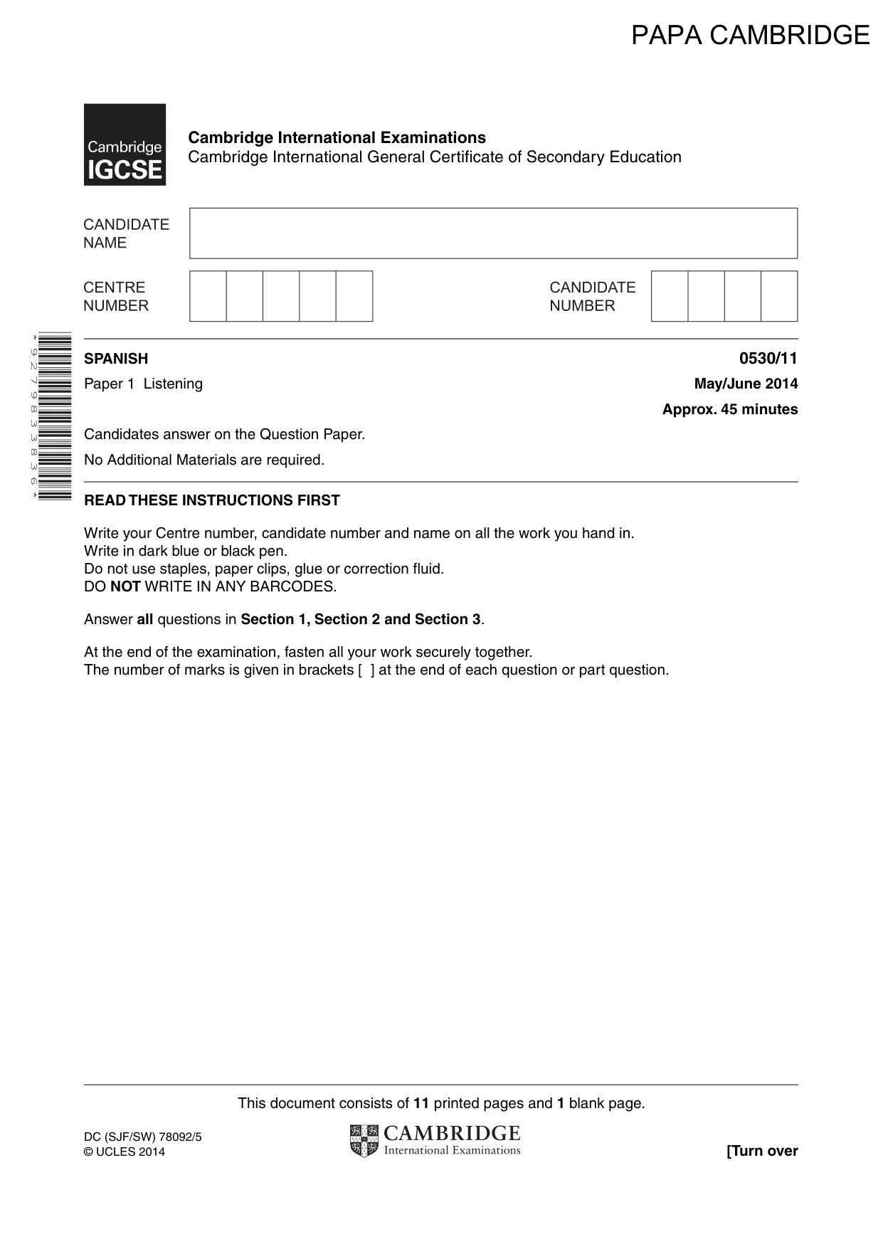 Cambridge IGCSE Spanish - Foreign Language 0530 2014 May/June Paper 1 · Variant 1 question paper, page 1 of 12