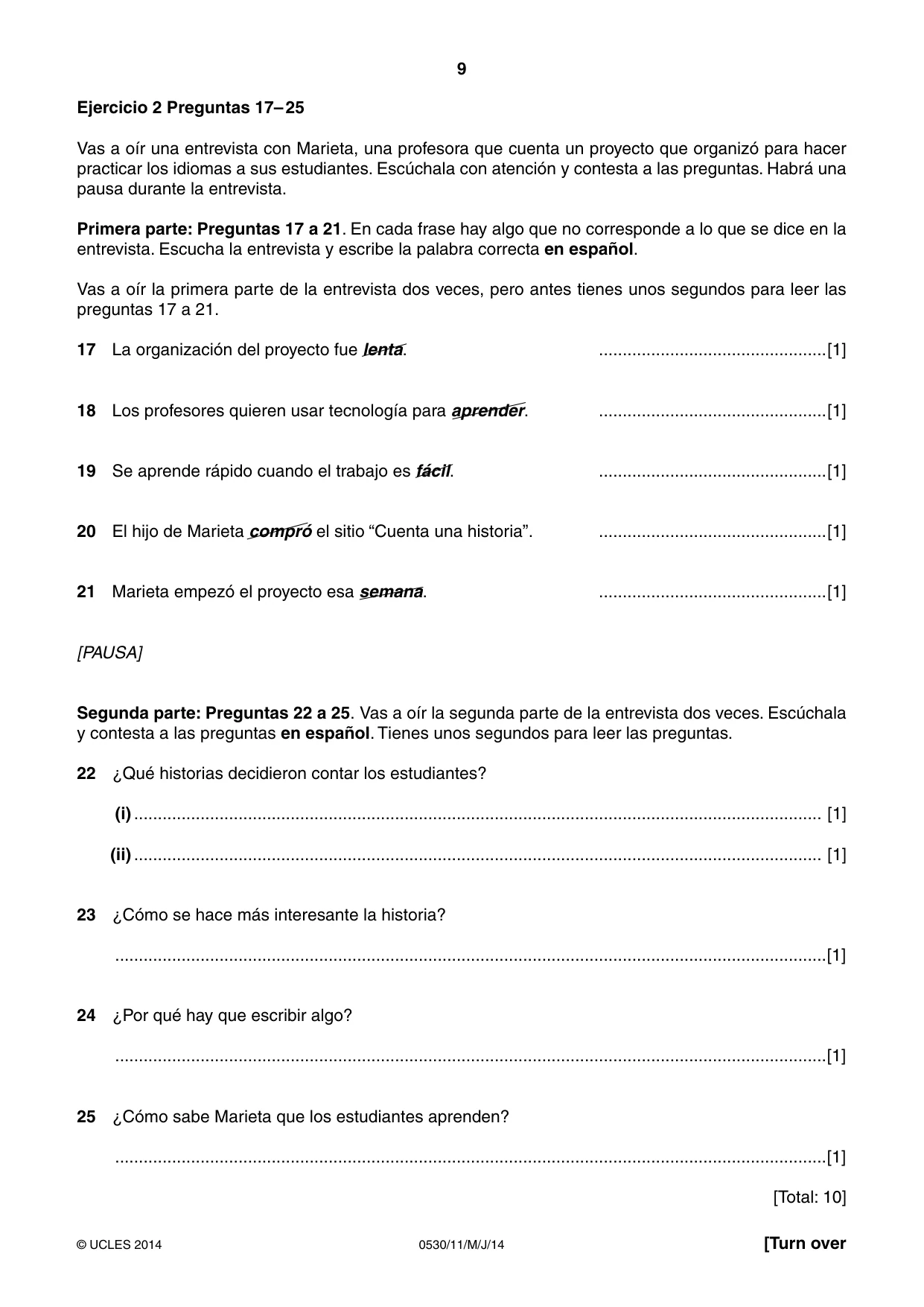Cambridge IGCSE Spanish - Foreign Language 0530 2014 May/June Paper 1 · Variant 1 question paper, page 9 of 12