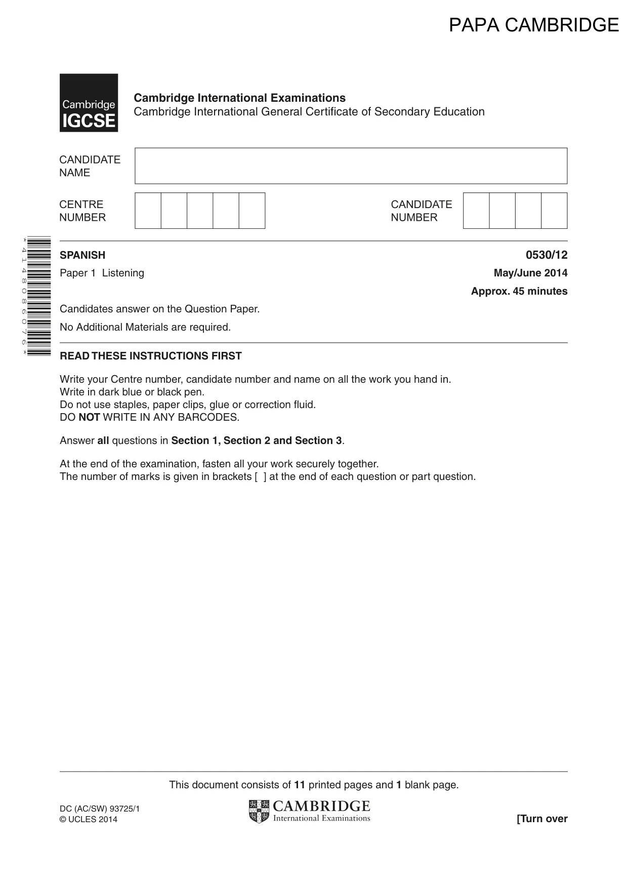 Cambridge IGCSE Spanish - Foreign Language 0530 2014 May/June Paper 1 · Variant 2 question paper, page 1 of 12