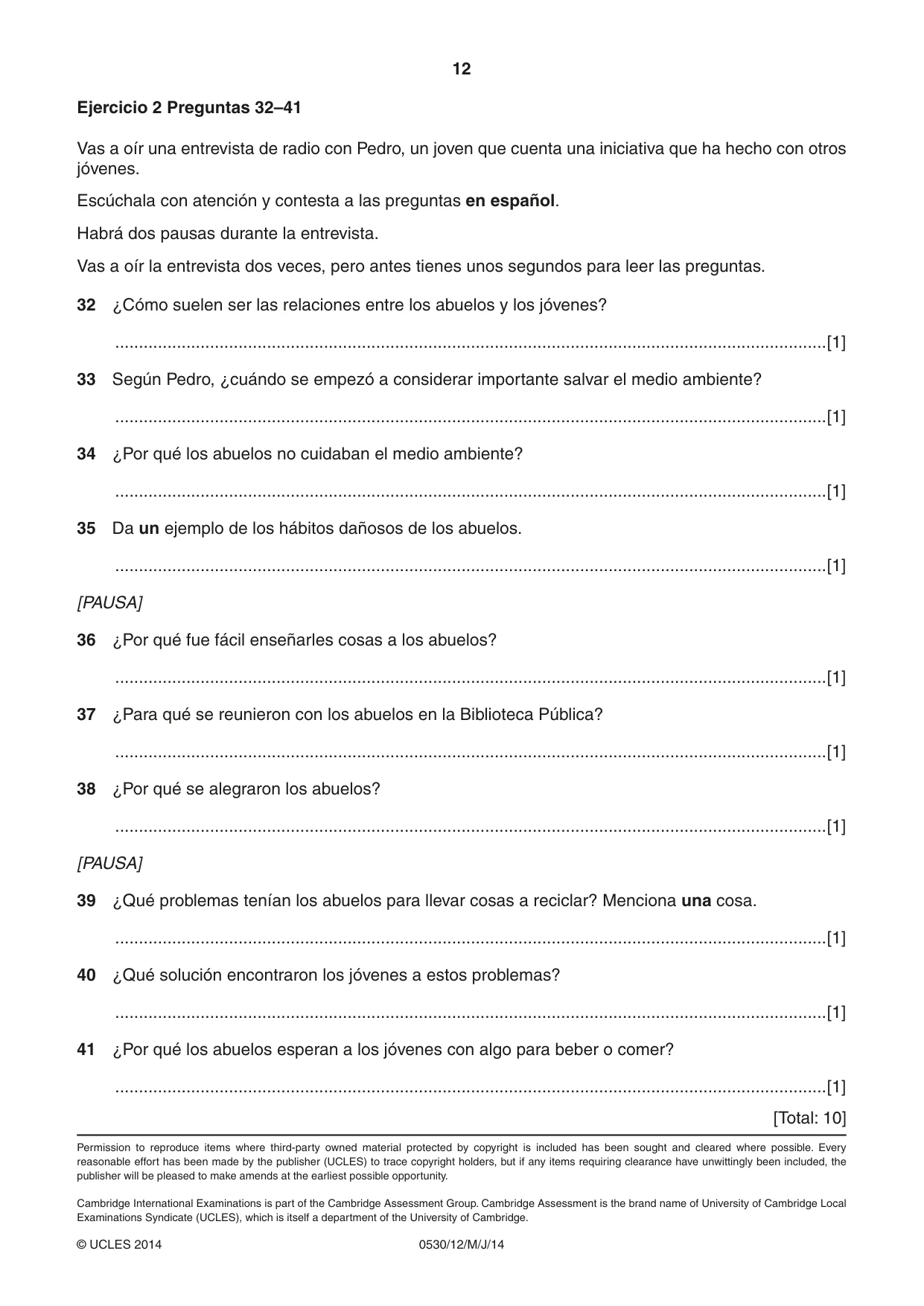 Cambridge IGCSE Spanish - Foreign Language 0530 2014 May/June Paper 1 · Variant 2 question paper, page 12 of 12