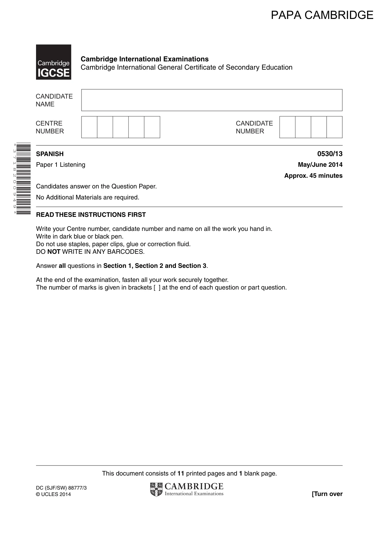 Cambridge IGCSE Spanish - Foreign Language 0530 2014 May/June Paper 1 · Variant 3 question paper, page 1 of 12