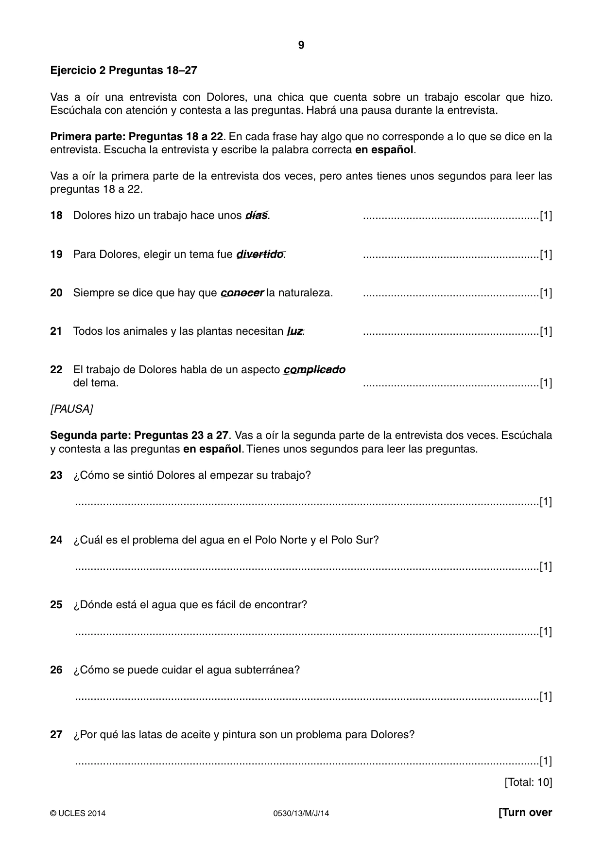Cambridge IGCSE Spanish - Foreign Language 0530 2014 May/June Paper 1 · Variant 3 question paper, page 9 of 12