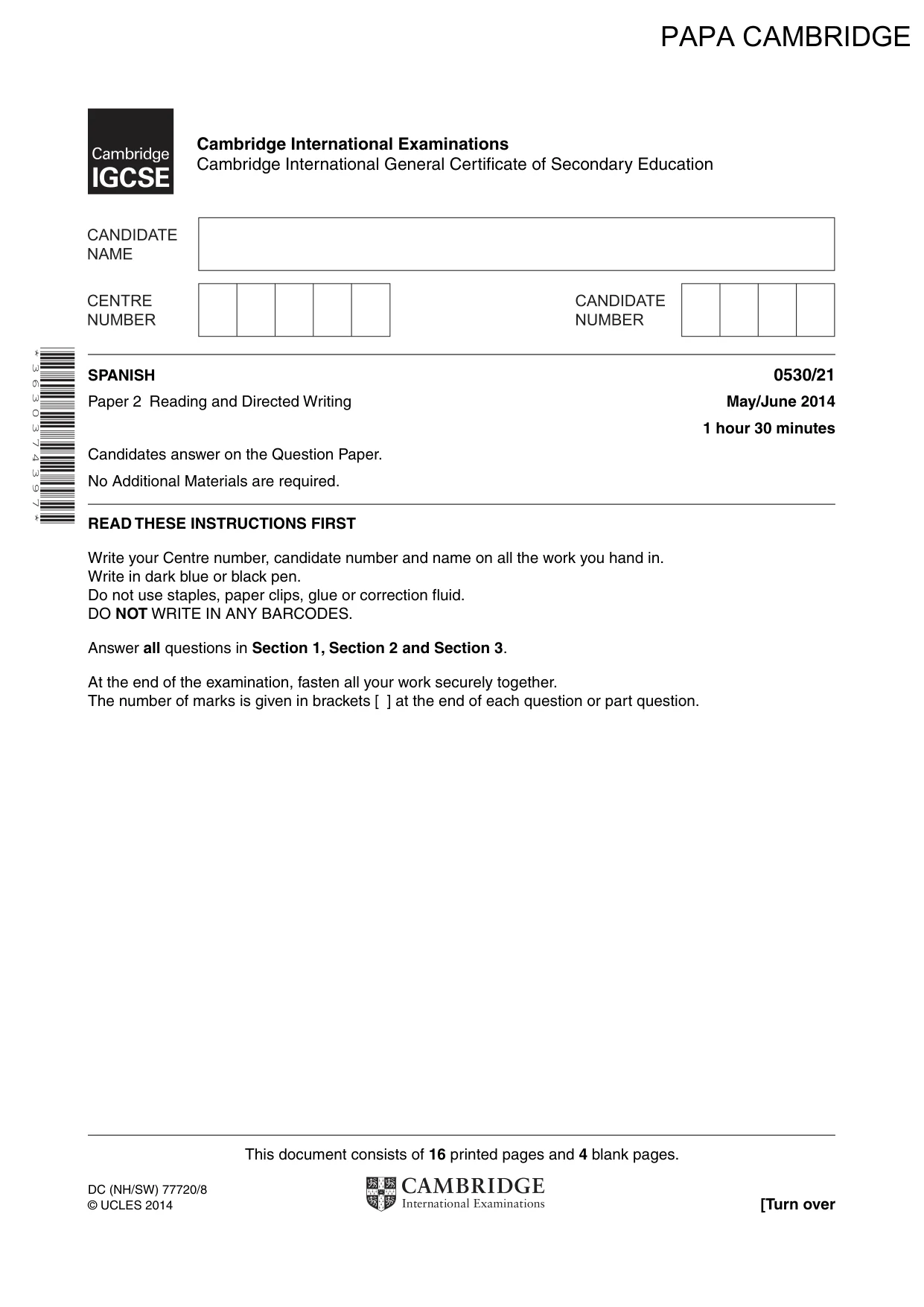 Cambridge IGCSE Spanish - Foreign Language 0530 2014 May/June Paper 2 · Variant 1 question paper, page 1 of 20