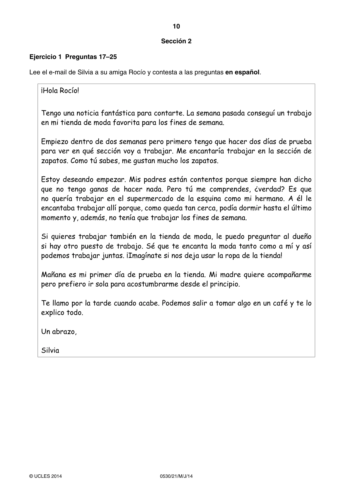 Cambridge IGCSE Spanish - Foreign Language 0530 2014 May/June Paper 2 · Variant 1 question paper, page 10 of 20