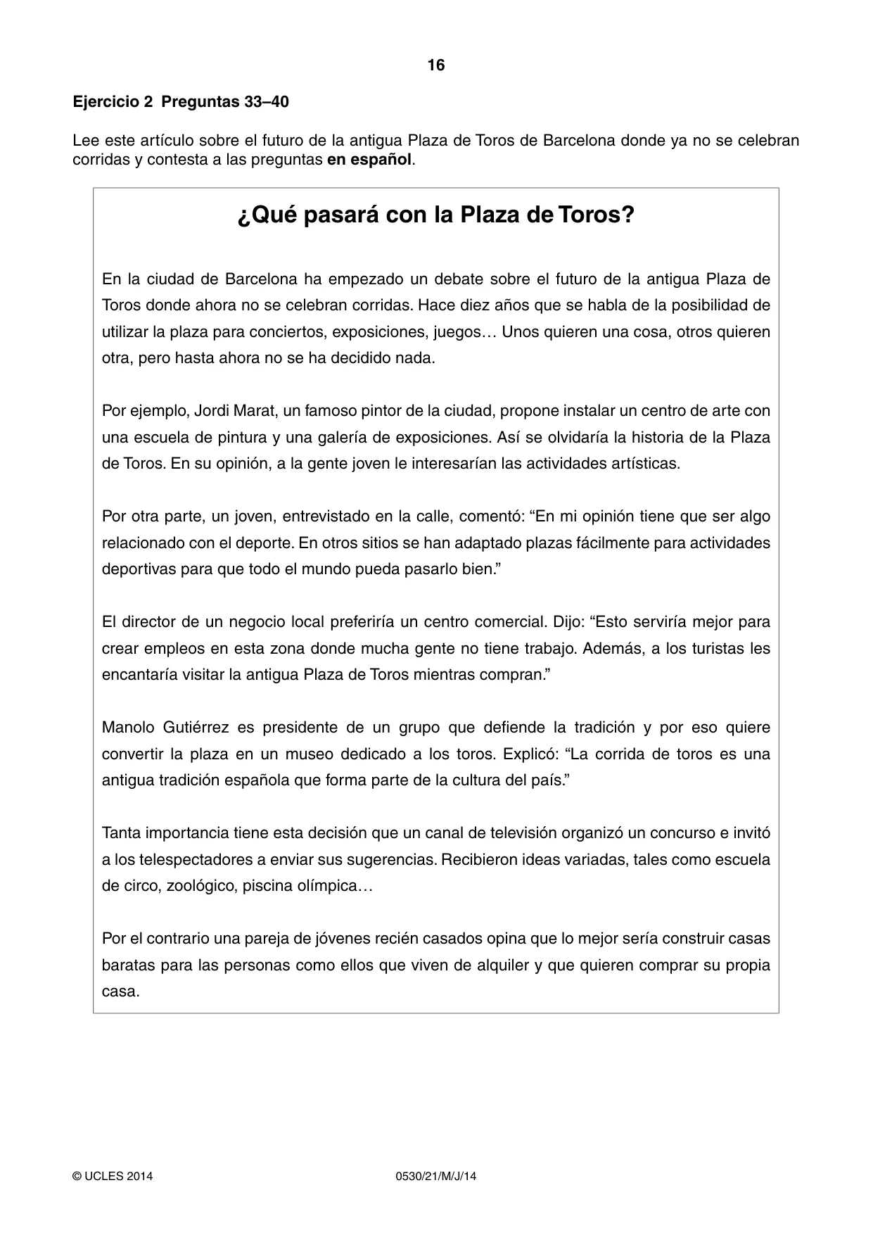 Cambridge IGCSE Spanish - Foreign Language 0530 2014 May/June Paper 2 · Variant 1 question paper, page 16 of 20
