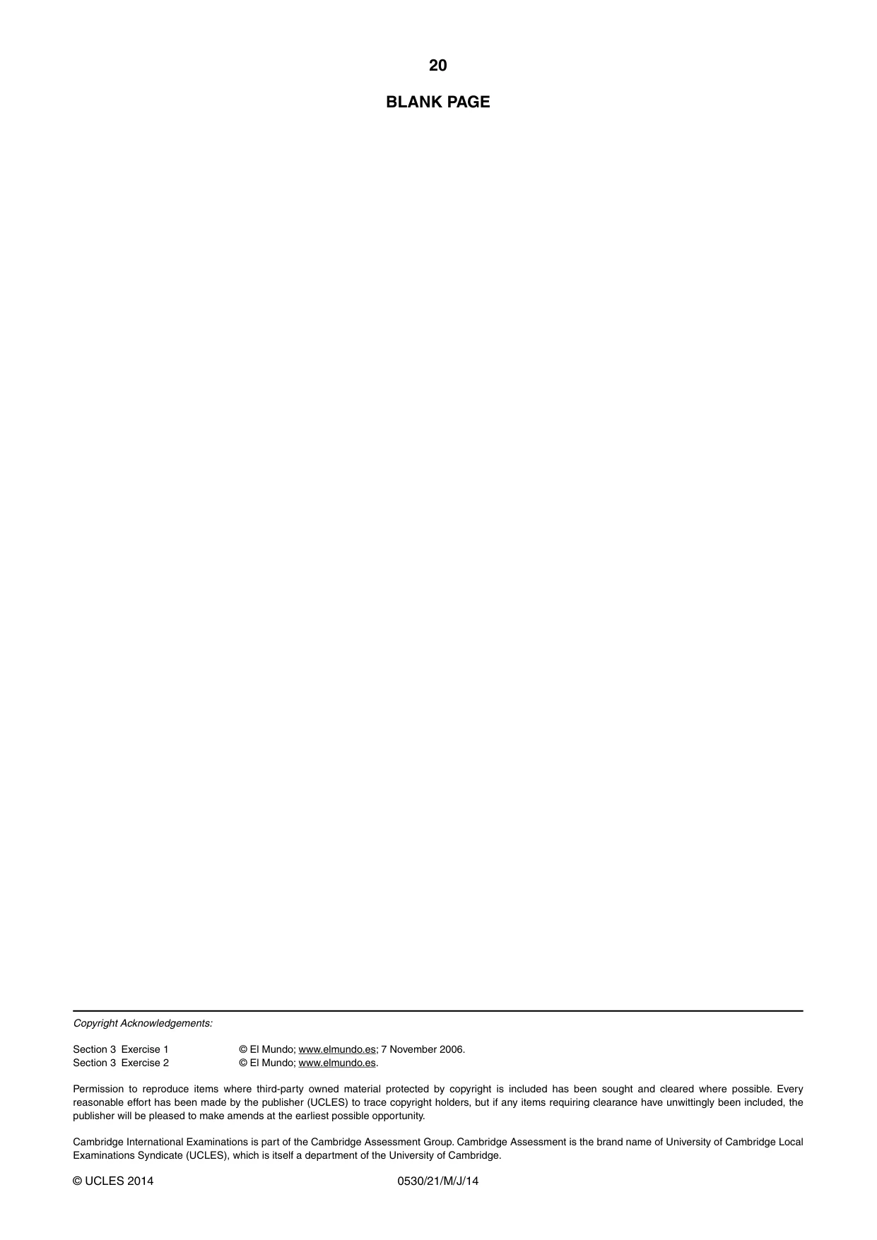 Cambridge IGCSE Spanish - Foreign Language 0530 2014 May/June Paper 2 · Variant 1 question paper, page 20 of 20