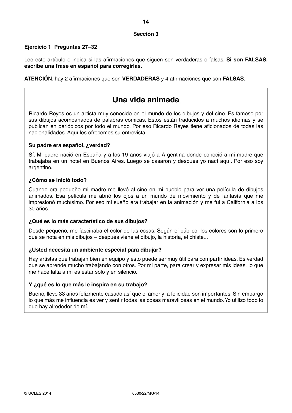 Cambridge IGCSE Spanish - Foreign Language 0530 2014 May/June Paper 2 · Variant 2 question paper, page 14 of 20