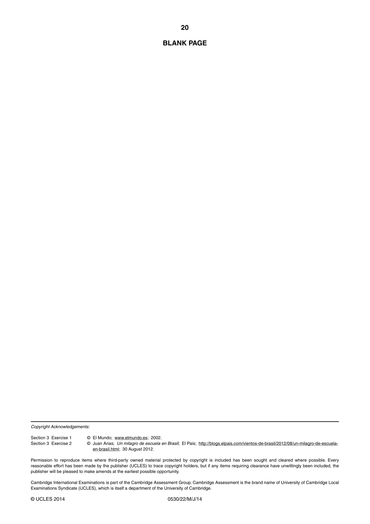 Cambridge IGCSE Spanish - Foreign Language 0530 2014 May/June Paper 2 · Variant 2 question paper, page 20 of 20