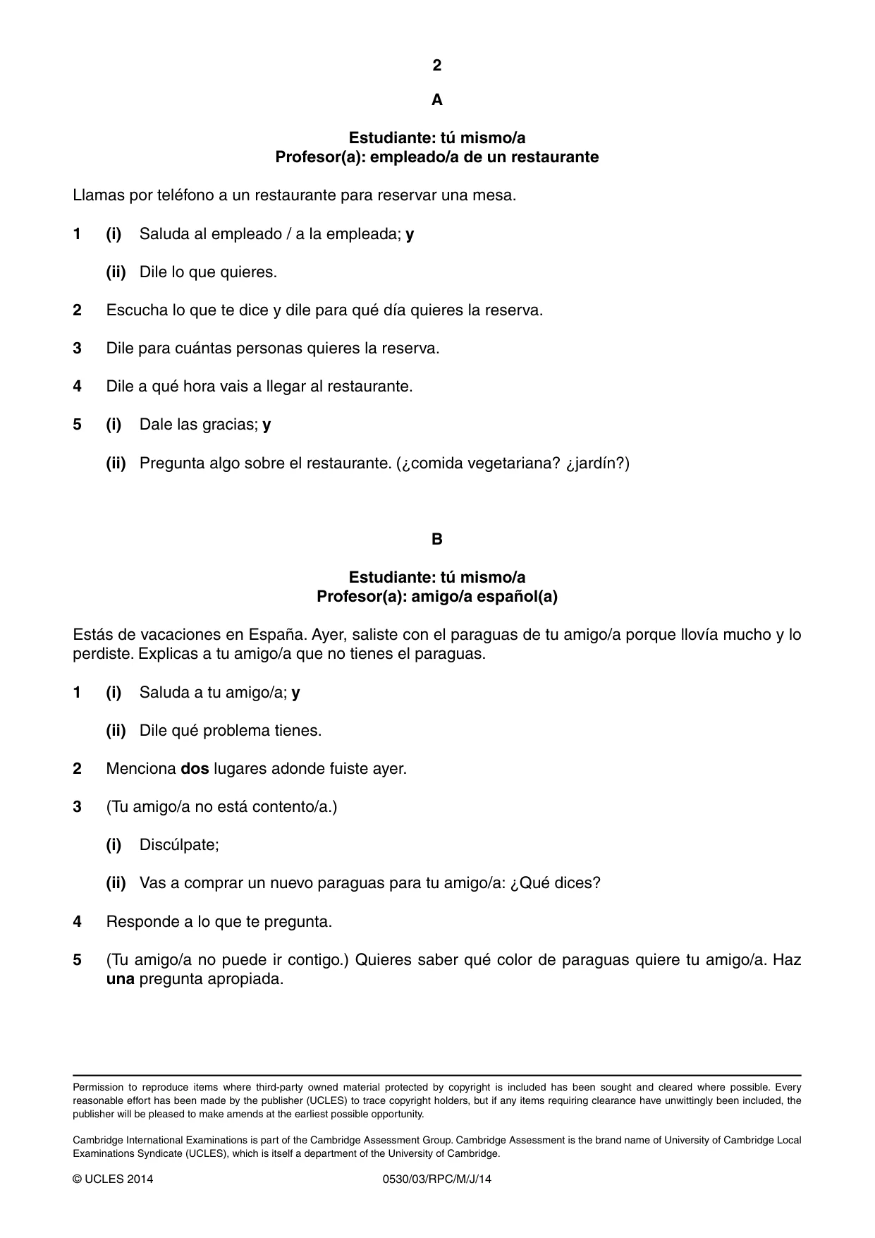 Cambridge IGCSE Spanish - Foreign Language 0530 2014 May/June Paper 3 · Variant 1 question paper, page 2 of 18