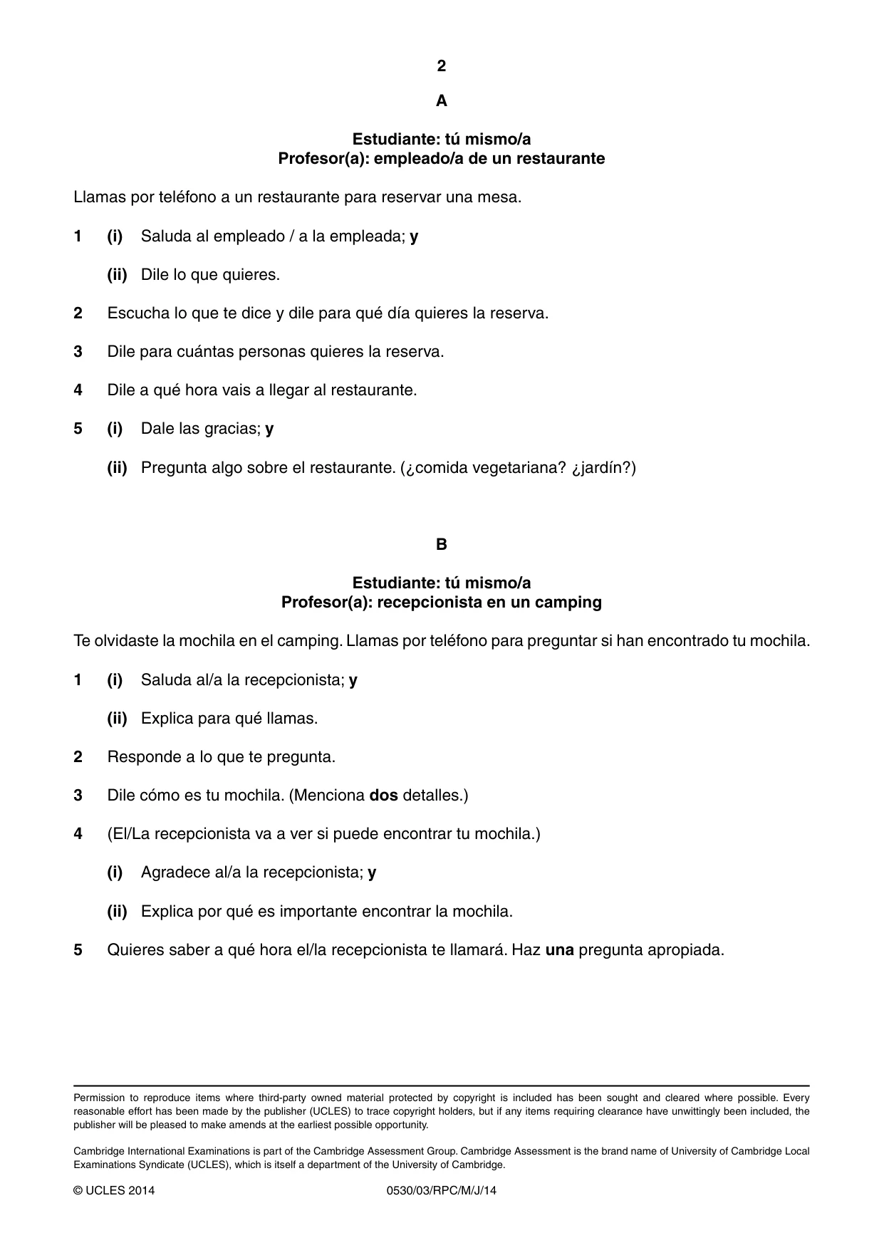 Cambridge IGCSE Spanish - Foreign Language 0530 2014 May/June Paper 3 · Variant 1 question paper, page 6 of 18