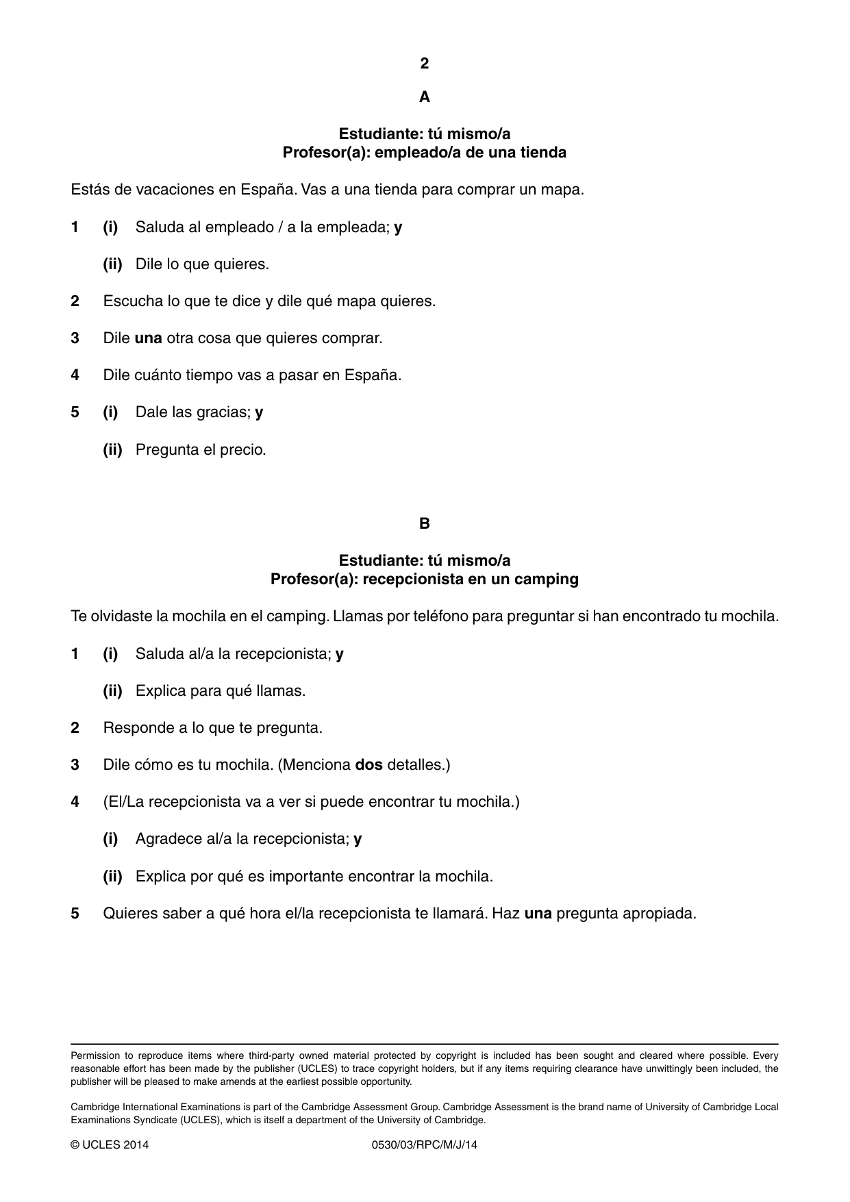 Cambridge IGCSE Spanish - Foreign Language 0530 2014 May/June Paper 3 · Variant 1 question paper, page 18 of 18