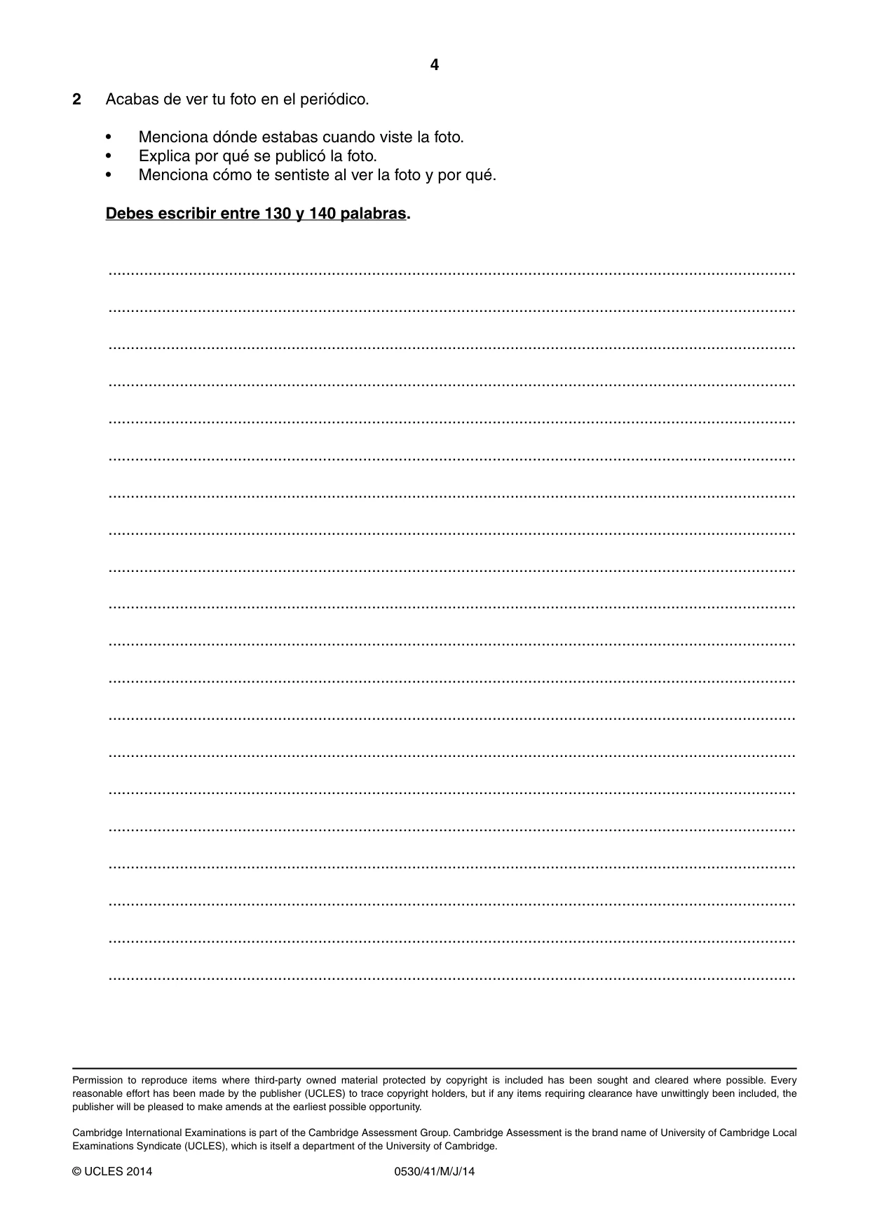 Cambridge IGCSE Spanish - Foreign Language 0530 2014 May/June Paper 4 · Variant 1 question paper, page 4 of 4