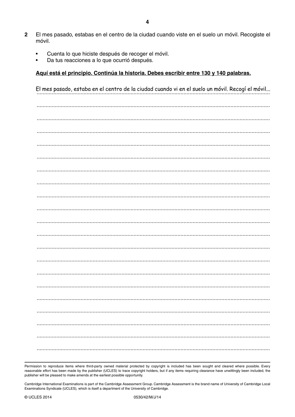 Cambridge IGCSE Spanish - Foreign Language 0530 2014 May/June Paper 4 · Variant 2 question paper, page 4 of 4