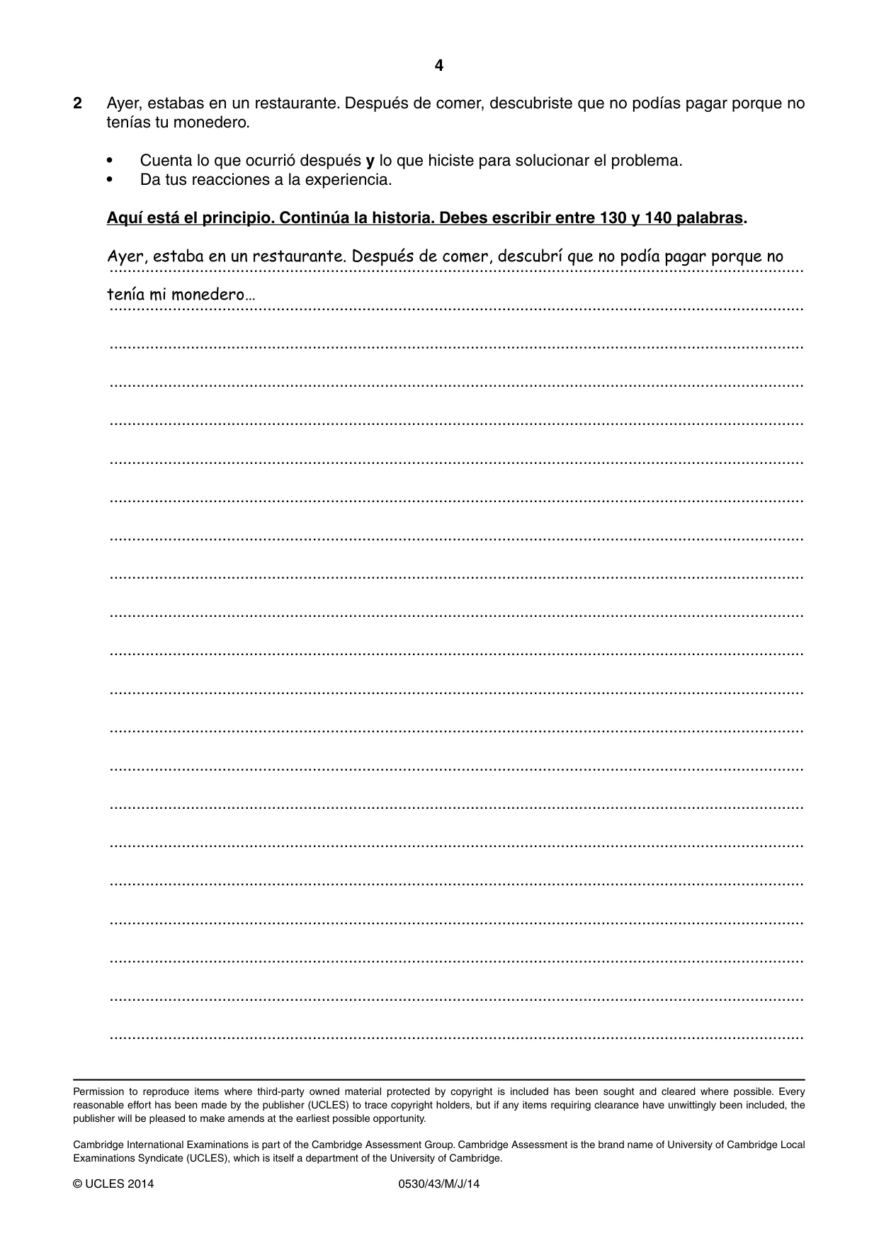 Cambridge IGCSE Spanish - Foreign Language 0530 2014 May/June Paper 4 · Variant 3 question paper, page 4 of 4